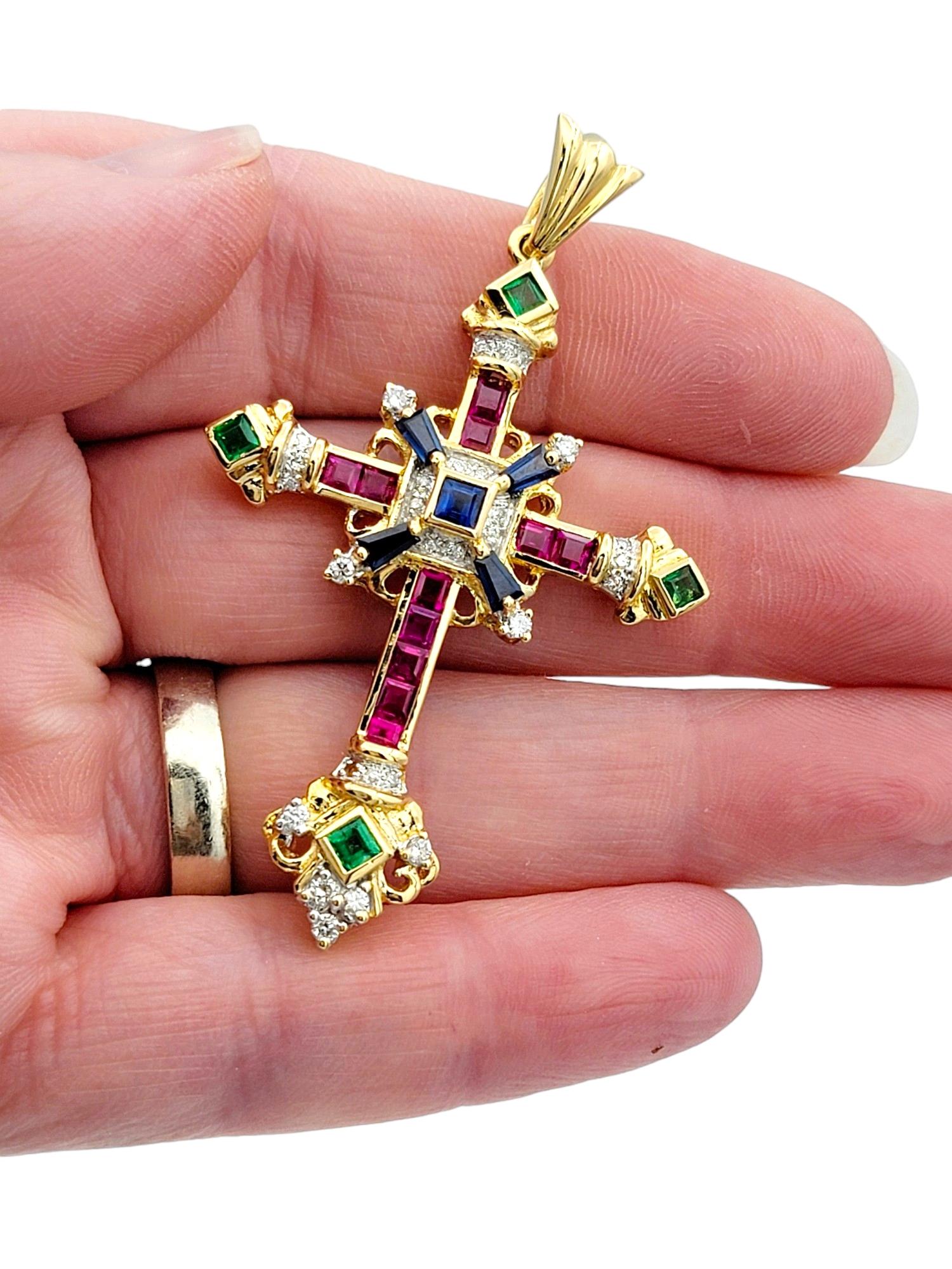 Women's or Men's Sapphire, Ruby, Emerald and Diamond Cross Pendant Set in 18 Karat Yellow Gold For Sale