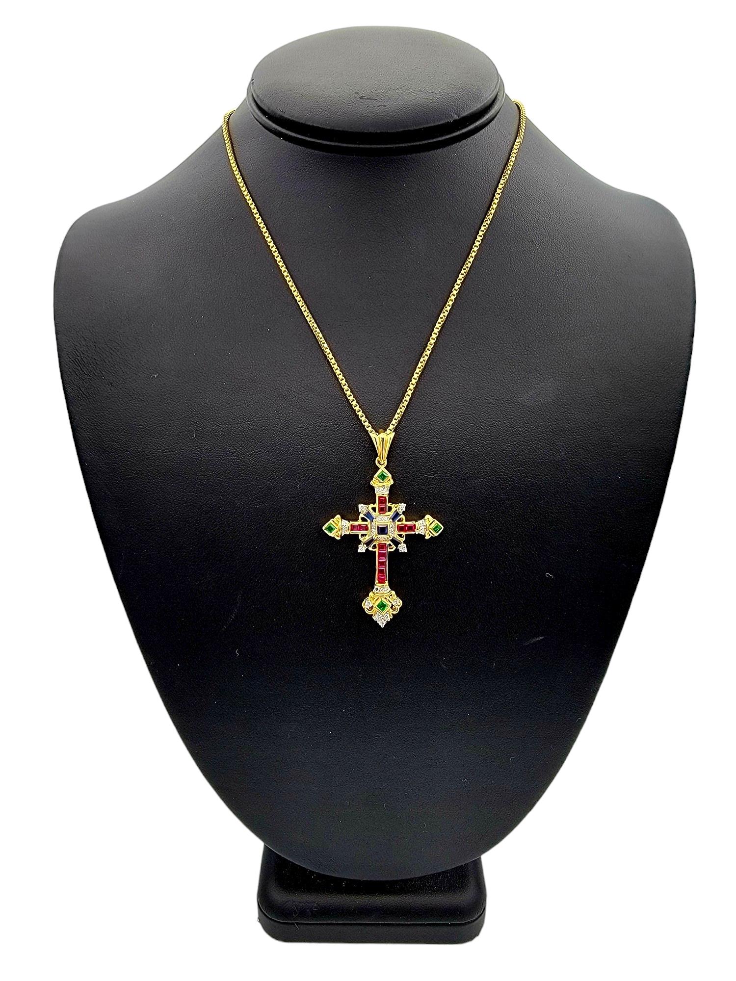 Sapphire, Ruby, Emerald and Diamond Cross Pendant Set in 18 Karat Yellow Gold For Sale 1