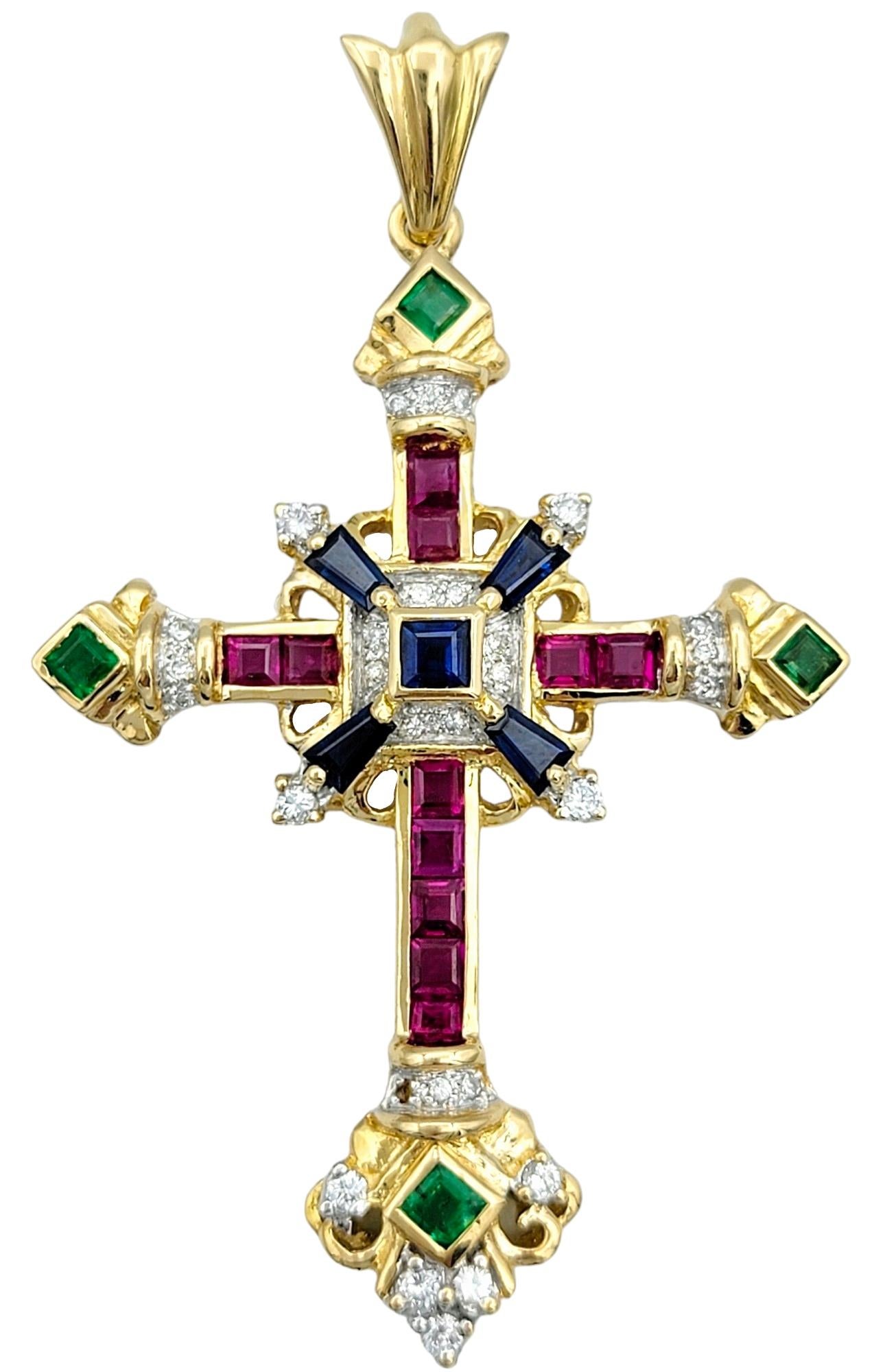 Sapphire, Ruby, Emerald and Diamond Cross Pendant Set in 18 Karat Yellow Gold For Sale