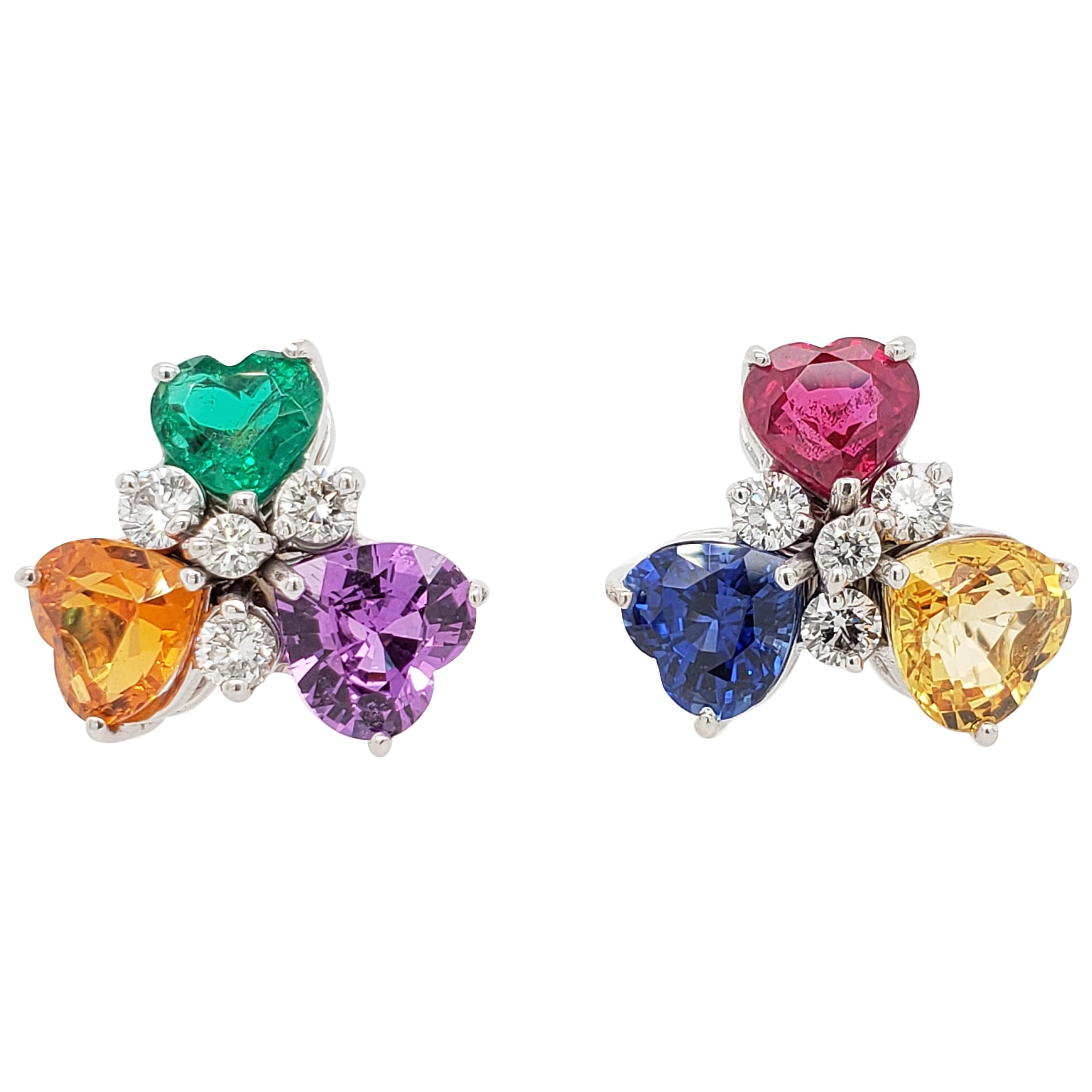 Sapphire Ruby Emerald and Diamond Multicolored Stud Earrings