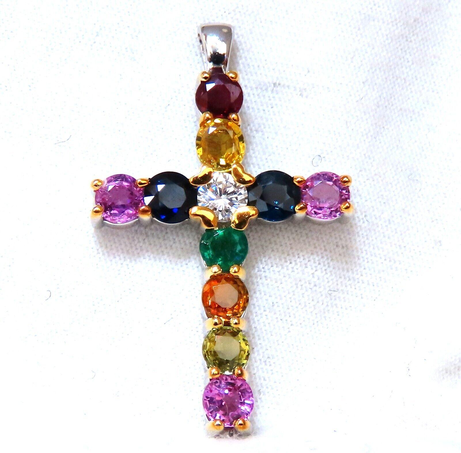 Multi-Gem Cross

4.62ct Round Brilliant 
Natural Blue, Yellow, Orange, Pink Sapphires 
Emerald, Ruby.

GIA Certified:
.38ct. Natural Diamond 
E-color Vs-1 clarity
#2221452936

clean clarity & transparent

Brilliant Round cut

Overall Measurement:

