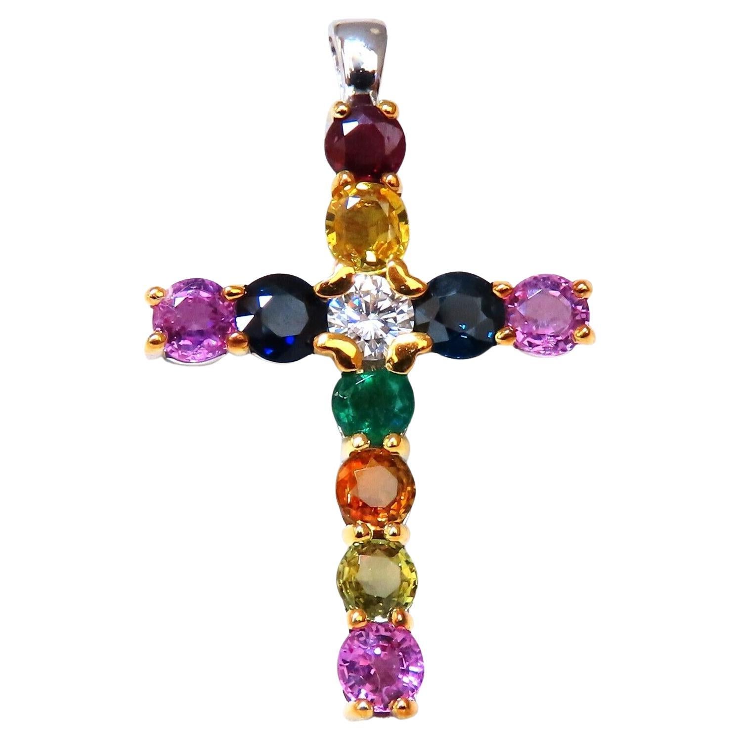 Zaffiro, rubino, smeraldo, croce con diamante certificato GIA 14kt