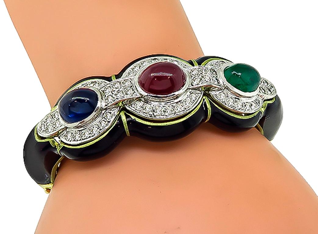 Round Cut Sapphire Ruby Emerald Diamond Enamel Gold Bangle