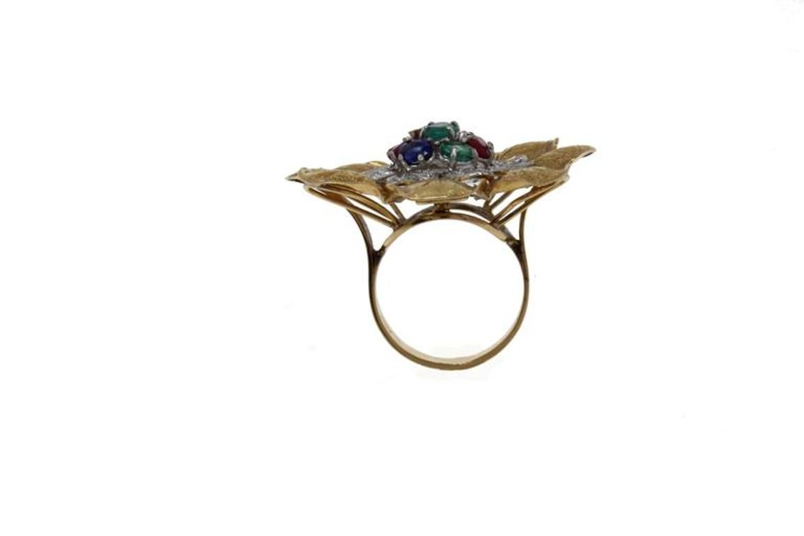 Retro Sapphire Ruby Emerald Diamond Gold Cluster Ring For Sale