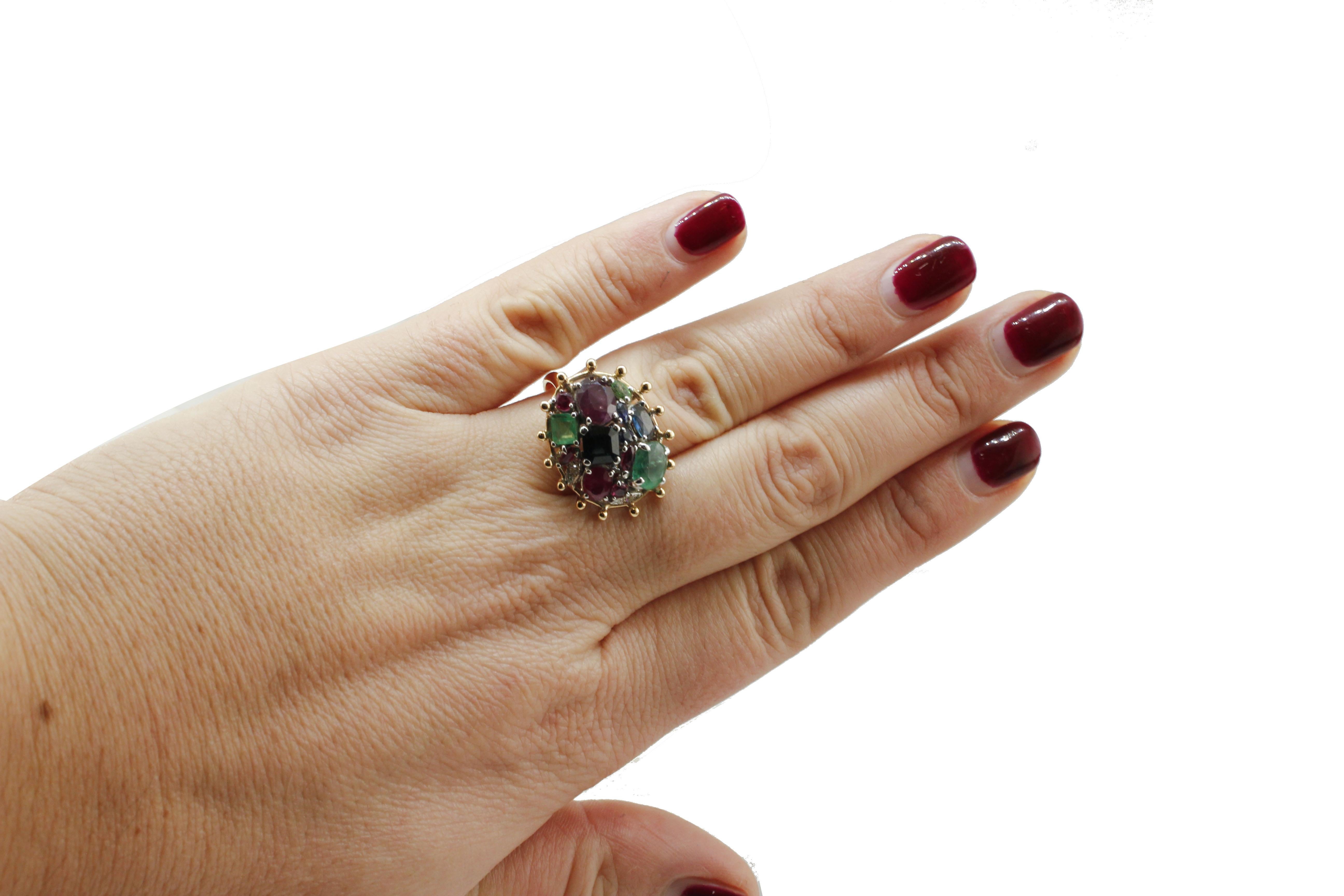 Retro  Sapphire Ruby Emerald Diamond Gold Cluster Ring