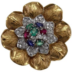 Gold-Cluster-Ring mit Saphir, Rubin, Smaragd, Diamant