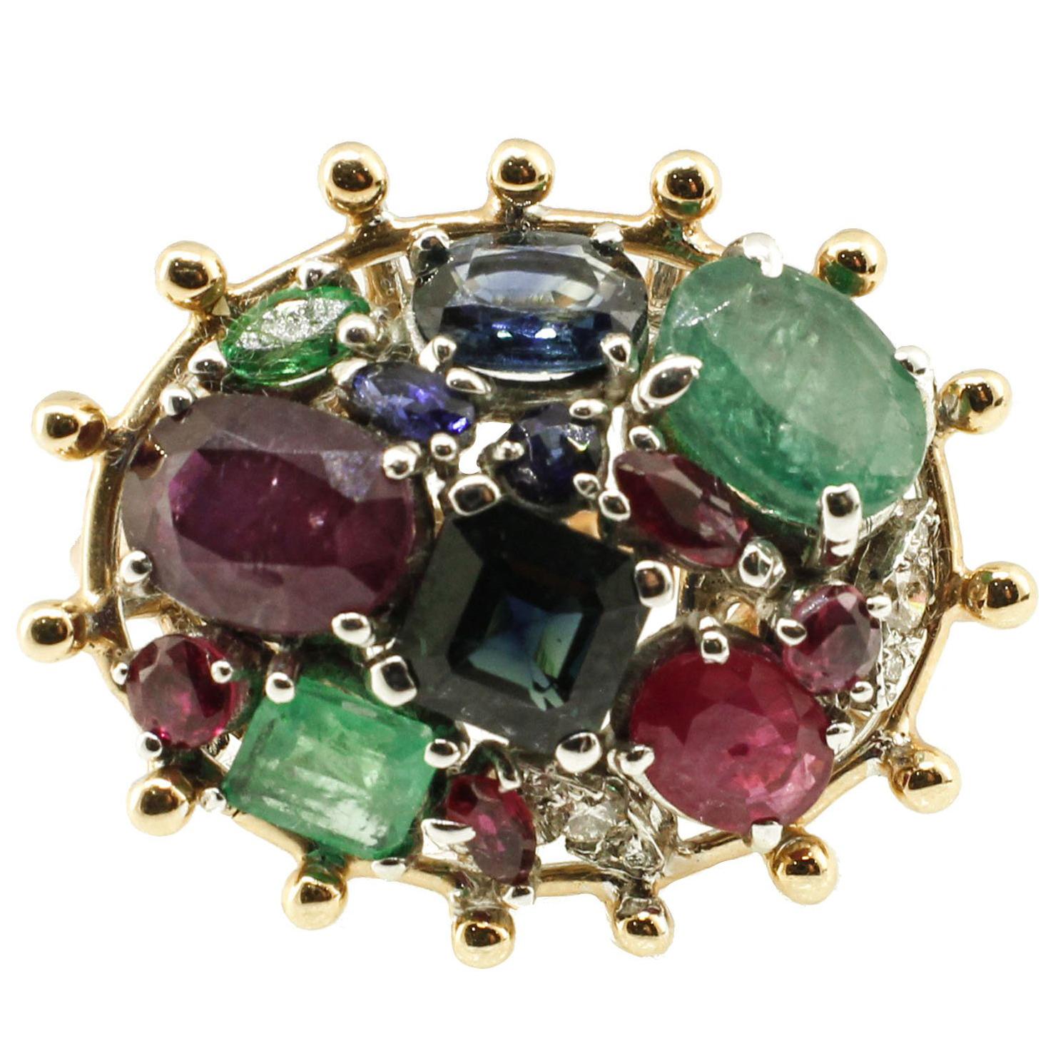  Sapphire Ruby Emerald Diamond Gold Cluster Ring