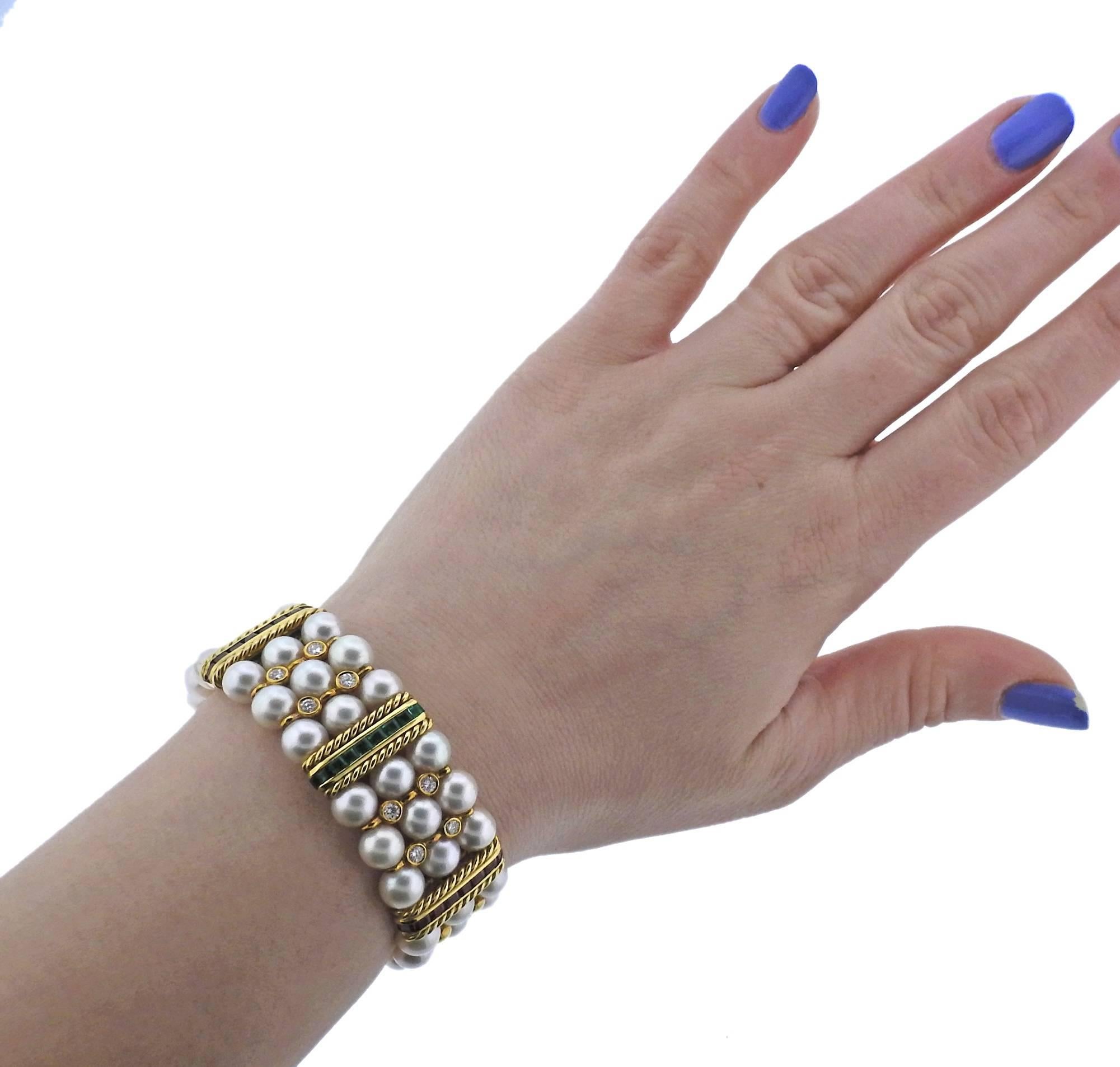 Sapphire Ruby Emerald Diamond Pearl Gold Bracelet 1