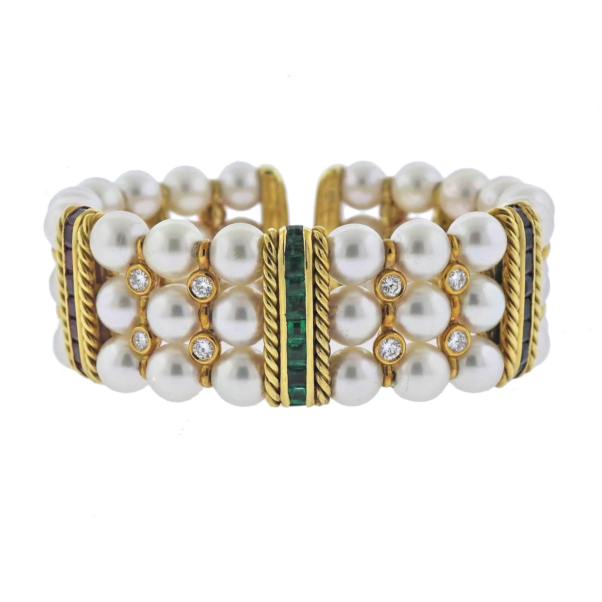 Sapphire Ruby Emerald Diamond Pearl Gold Bracelet