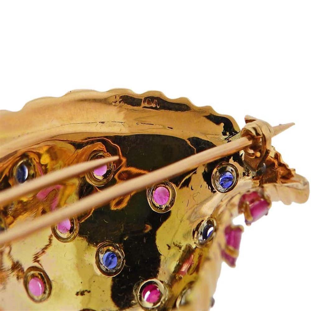 Women's Sapphire Ruby Gold Seashell Motif Brooch Pin