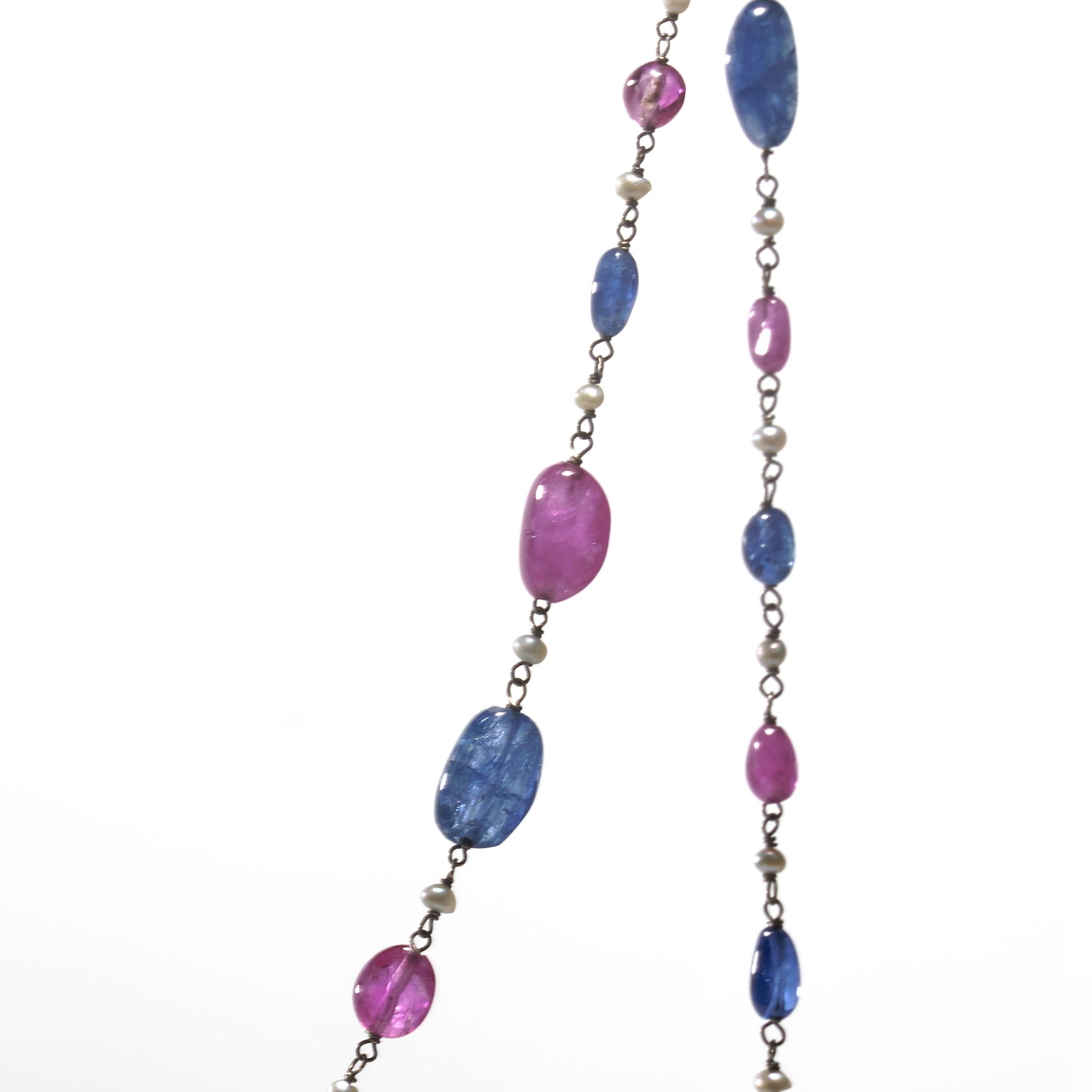 Modern Sapphire, Ruby, Pearl and White Gold Long Chain Necklace For Sale