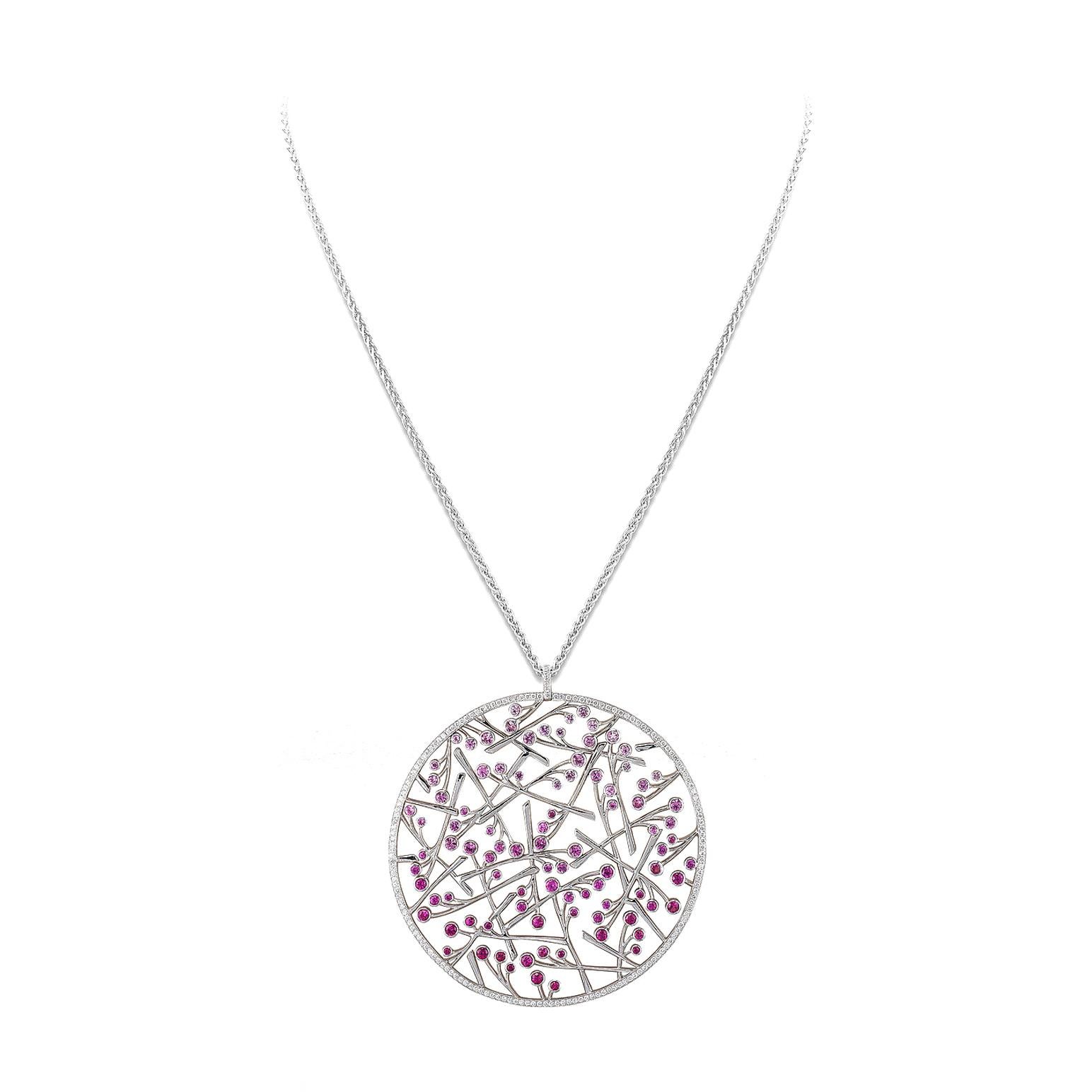 Pendant in 18kt white gold set with 80 pink sapphires 7.15 cts, 11 rubies 1.35 cts and 164 diamonds 1.98 cts        