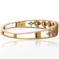 Sapphire, Ruby, & Seed Pearl 14K Gold Openwork Bangle Bracelet