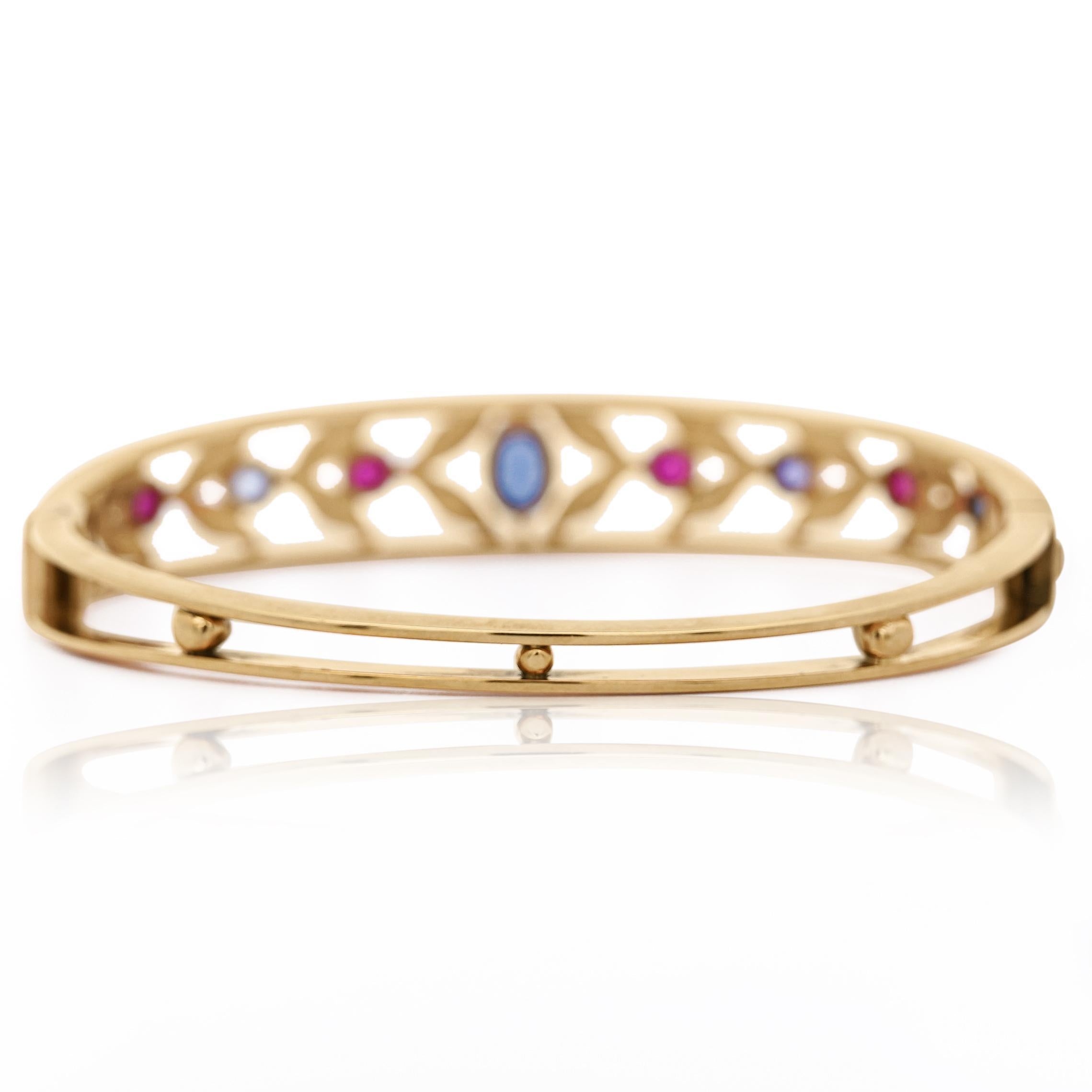 Sapphire, Ruby, & Seed Pearl 14K Gold Openwork Bangle Bracelet In Good Condition For Sale In Miami, FL