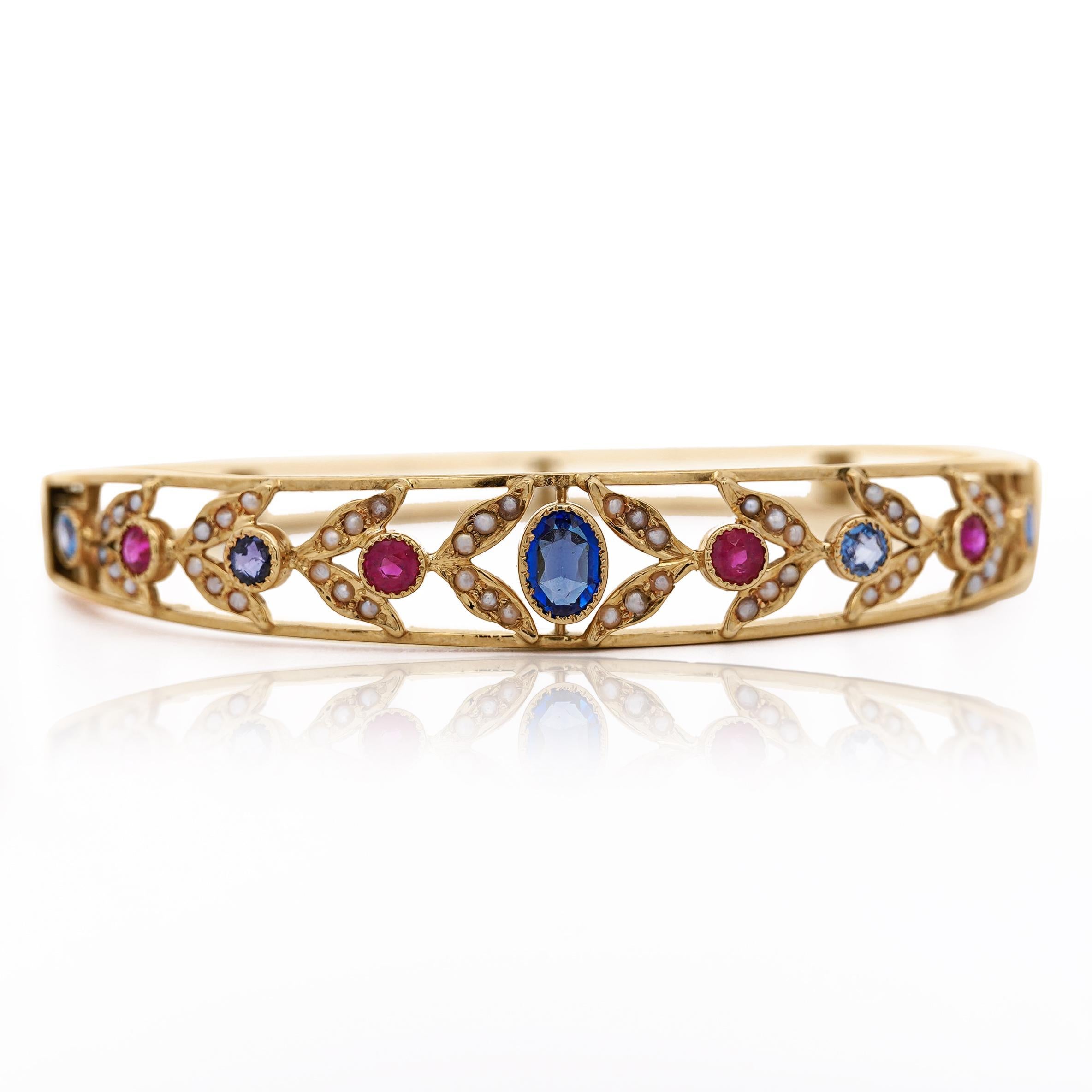 Women's Sapphire, Ruby, & Seed Pearl 14K Gold Openwork Bangle Bracelet For Sale
