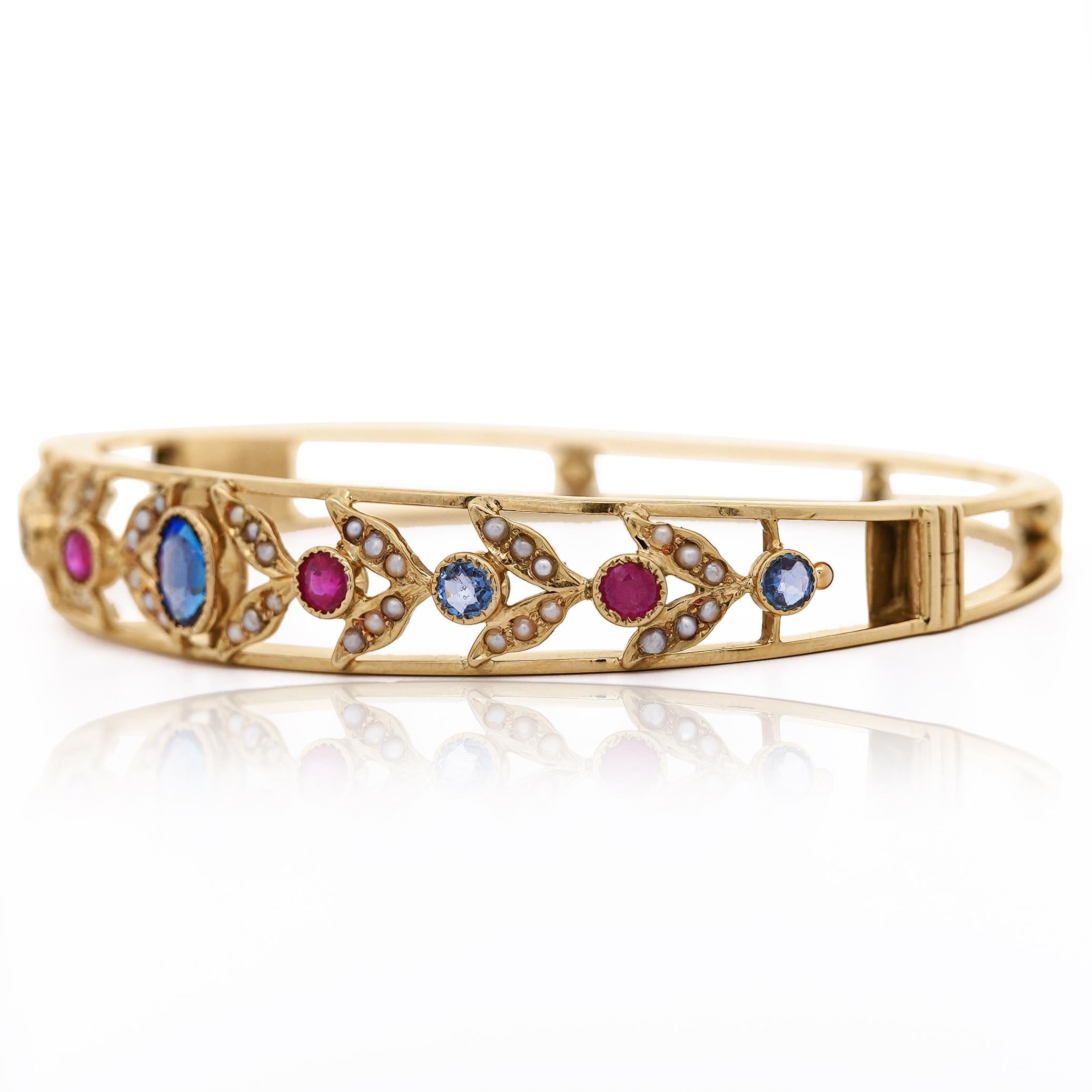 Sapphire, Ruby, & Seed Pearl 14K Gold Openwork Bangle Bracelet For Sale 1