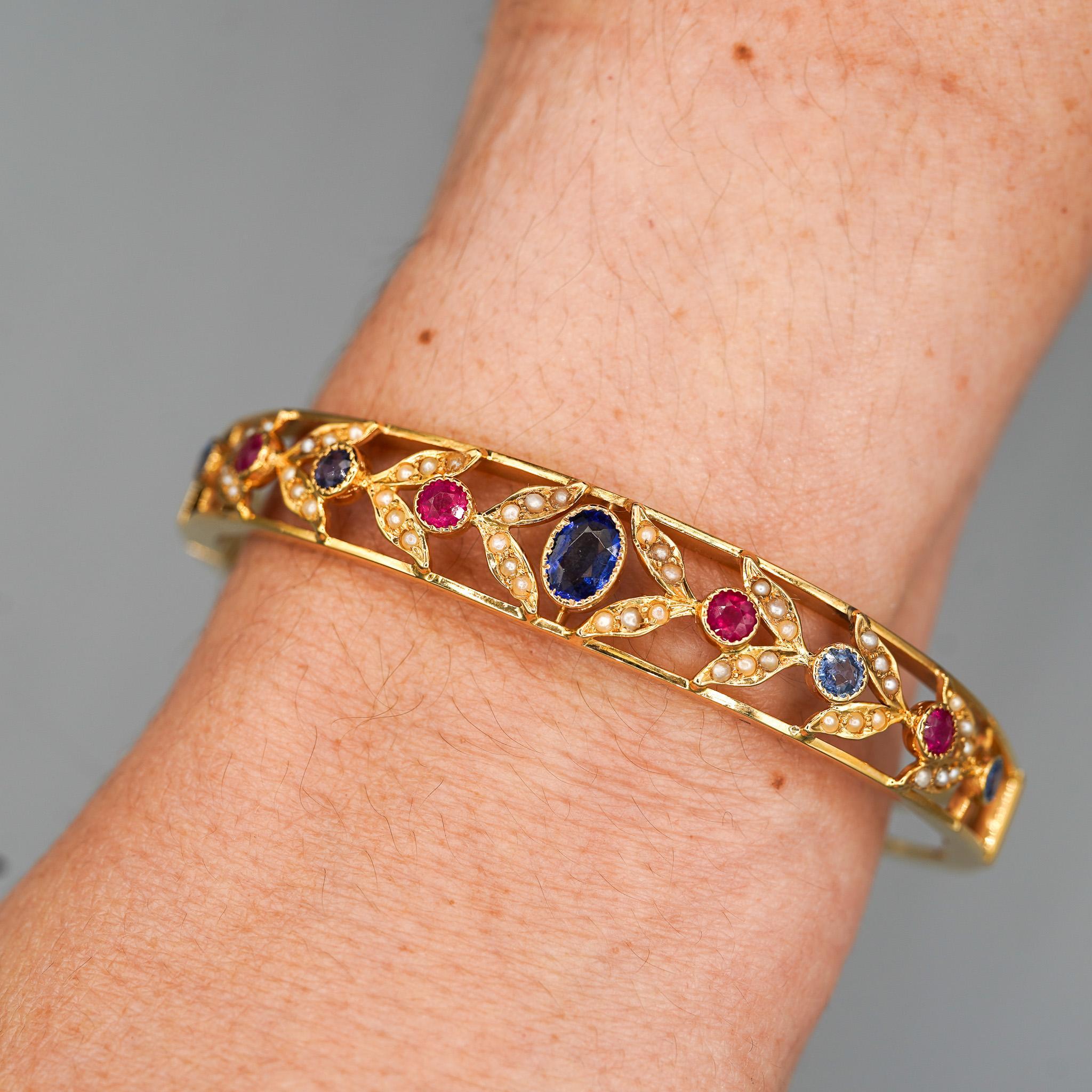 Sapphire, Ruby, & Seed Pearl 14K Gold Openwork Bangle Bracelet For Sale 2