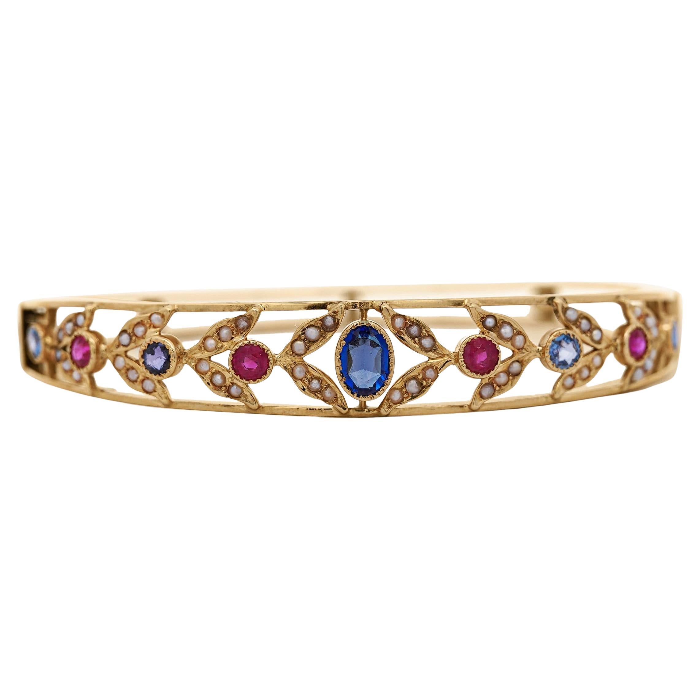 Sapphire, Ruby, & Seed Pearl 14K Gold Openwork Bangle Bracelet