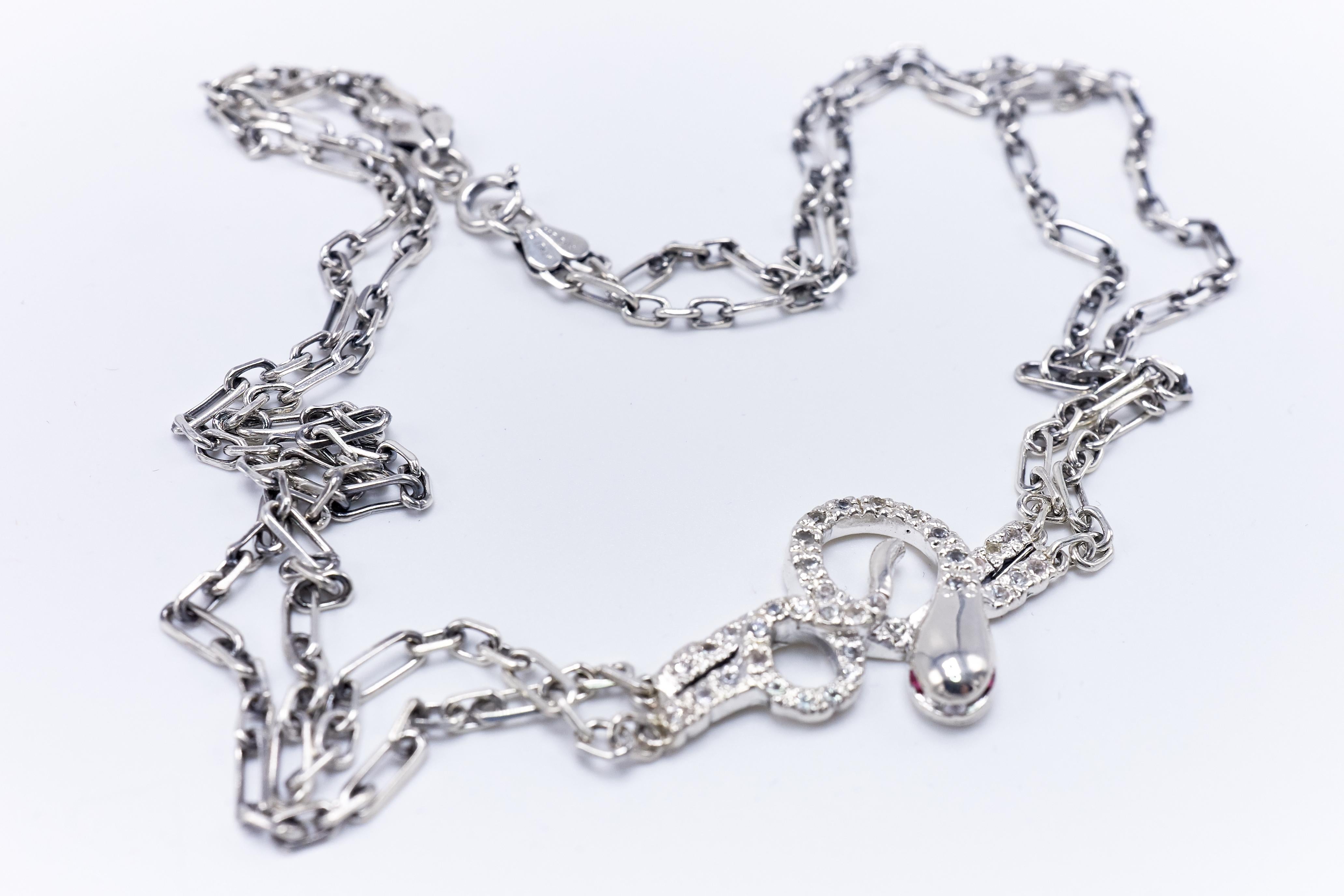 Sapphire Ruby Snake Choker Necklace Chain Silver Victorian Style J Dauphin In New Condition For Sale In Los Angeles, CA