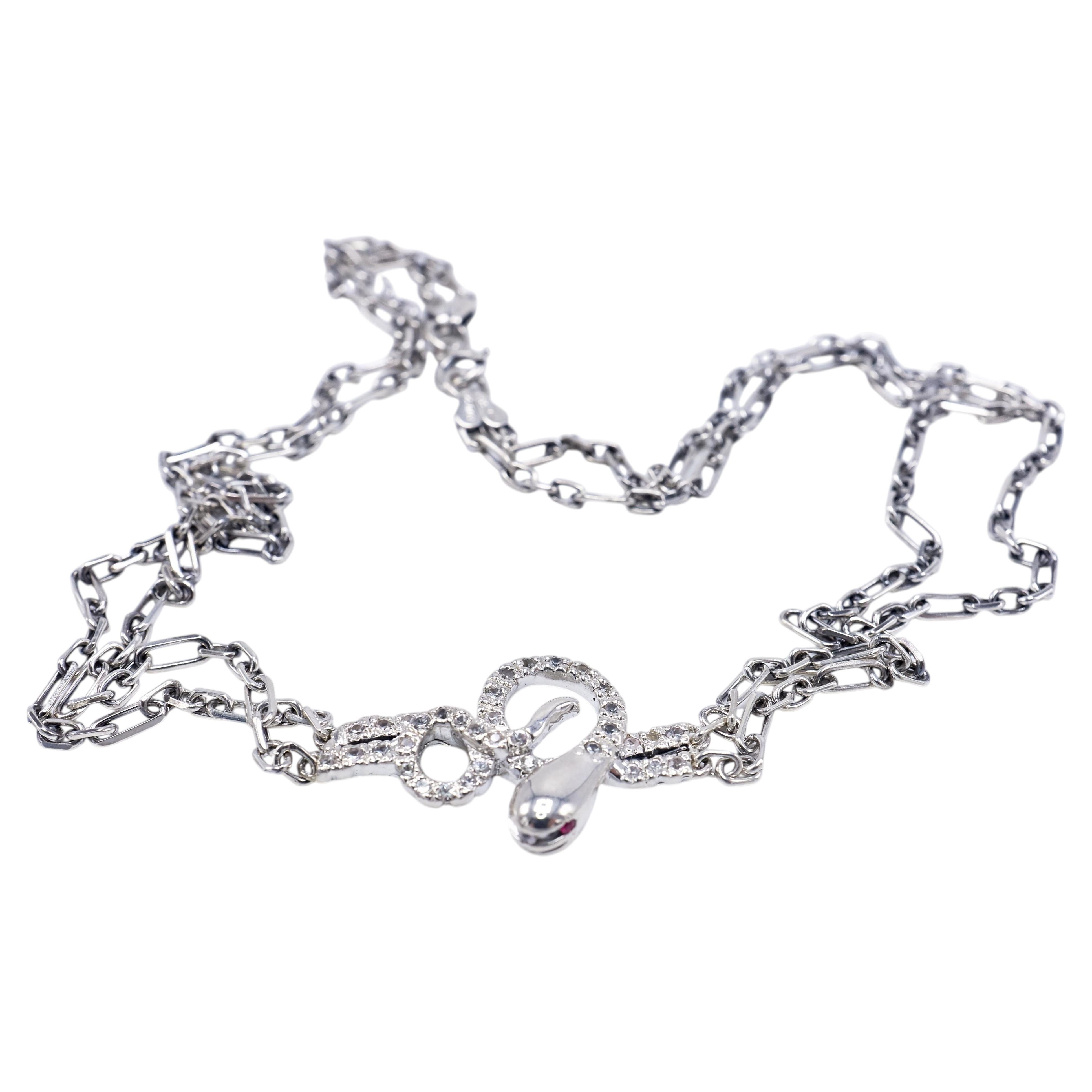 Snake Choker Necklace White Sapphire Silver Serpent Ruby