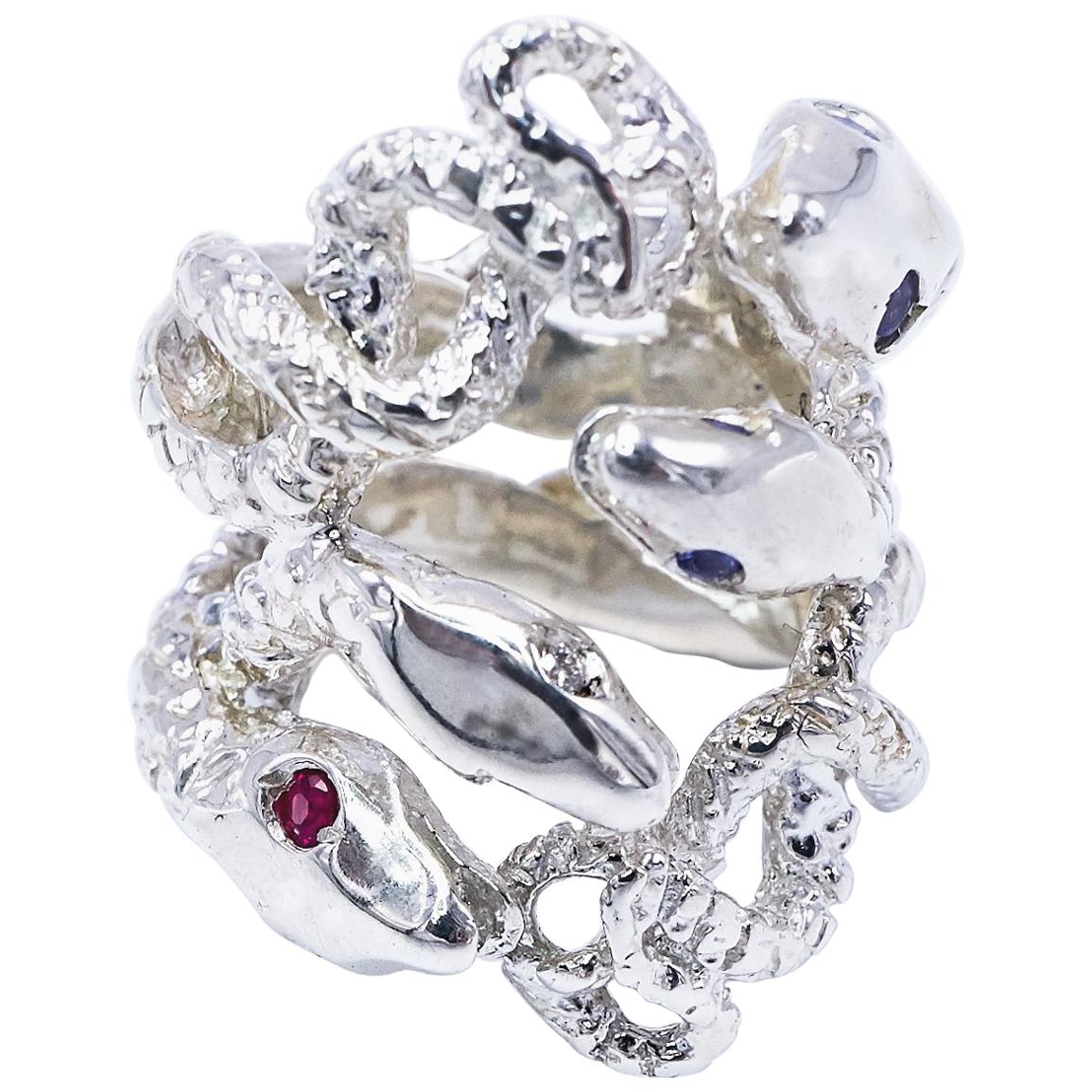 Contemporary Sapphire Ruby Tanzanite Snake Silver Ring Cocktail Statement J Dauphin For Sale