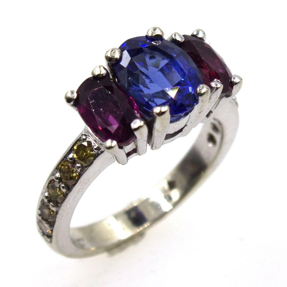 Oval Cut Sapphire Ruby Three-Stone Platinum Estate Ring