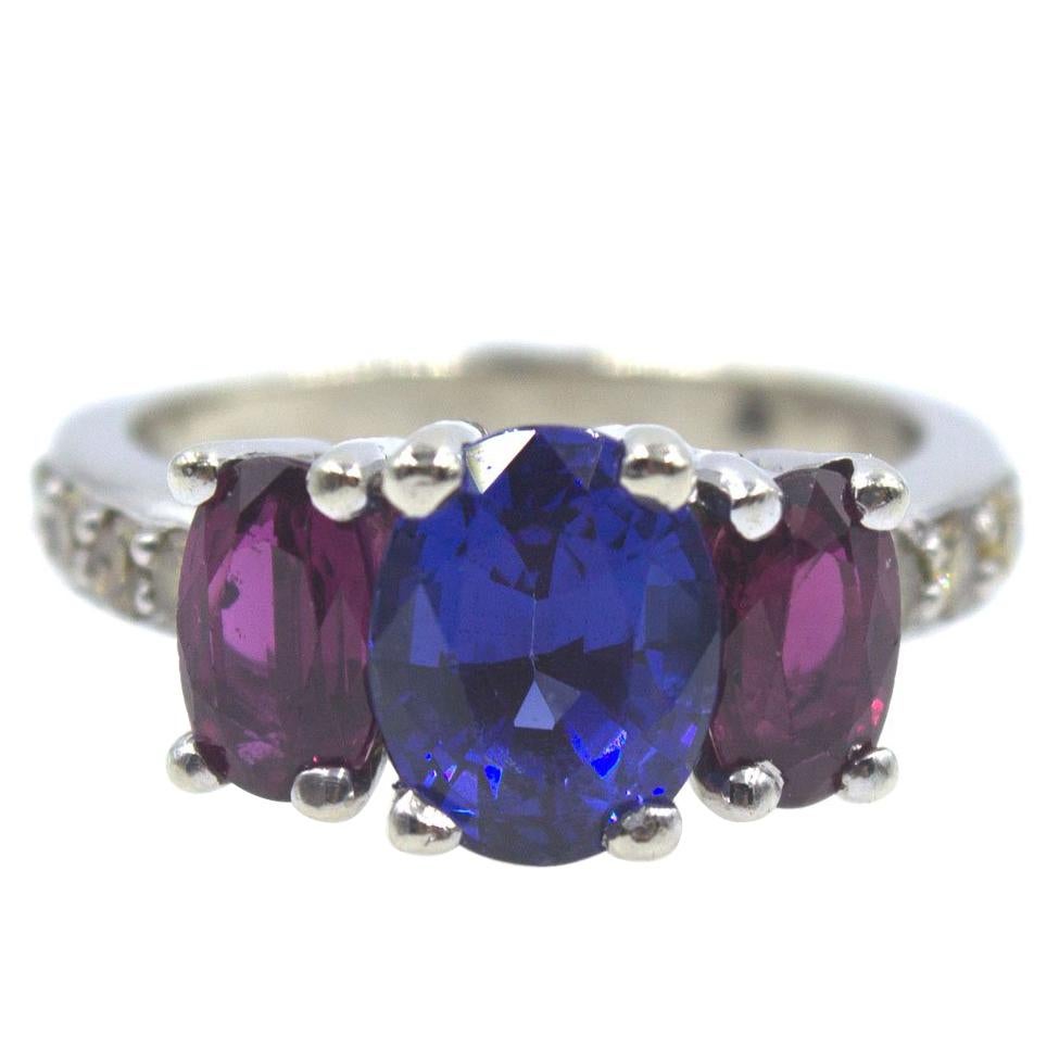 Sapphire Ruby Three-Stone Platinum Estate Ring