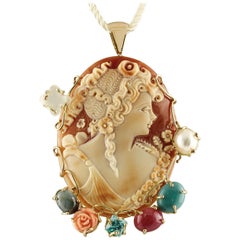 Vintage Sapphire Ruby Tourquoise Paste Blue Topaz MoonStone Coral Pearl Cameo Pendant