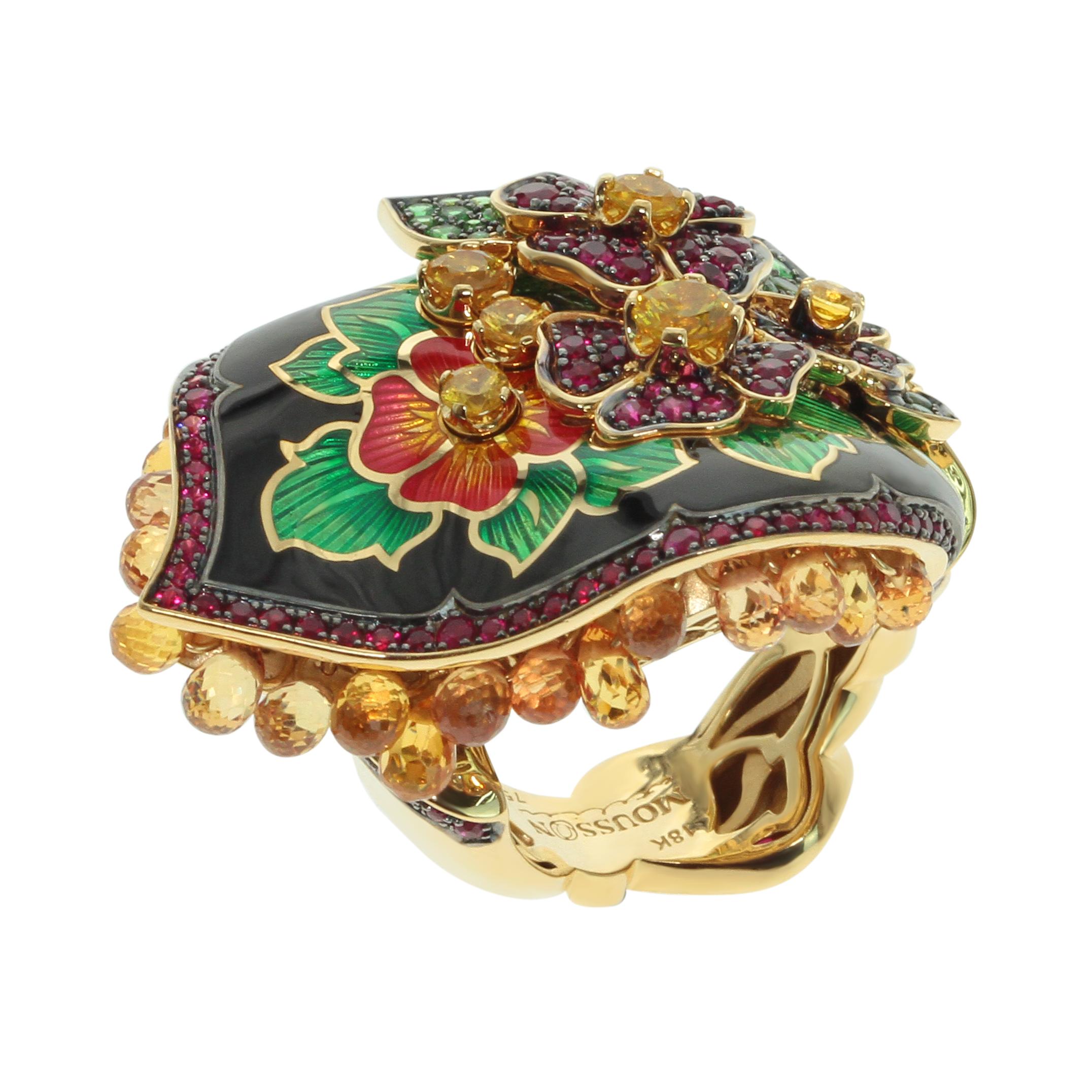Sapphire Ruby Tsavorite Enamel A'la Russe Ring
What do you know about Pavlovo Posad shawls? This is a large part of Russian culture, which originated in the 17th century. They are large patterned scarves, which are usually presented as a gift to