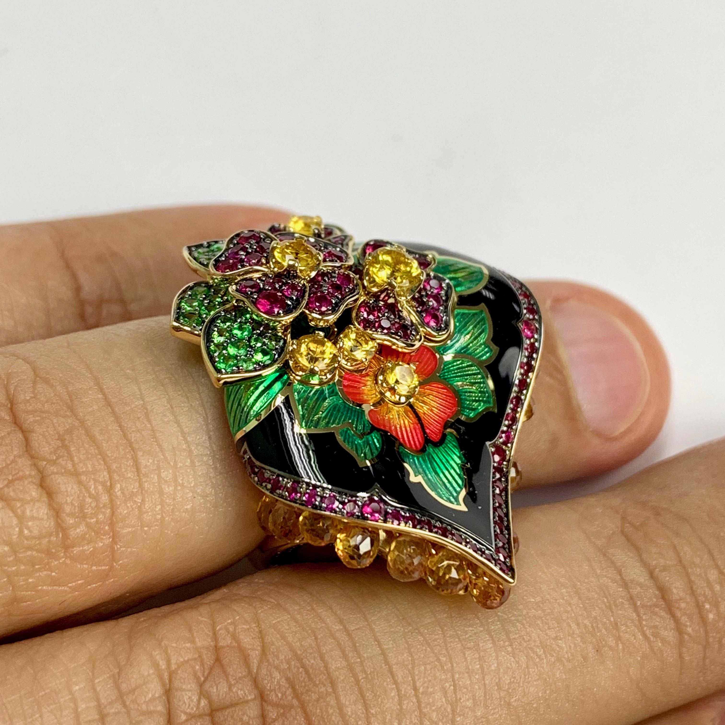 Sapphire Ruby Tsavorite Enamel A'la Russe Ring In New Condition For Sale In Bangkok, TH
