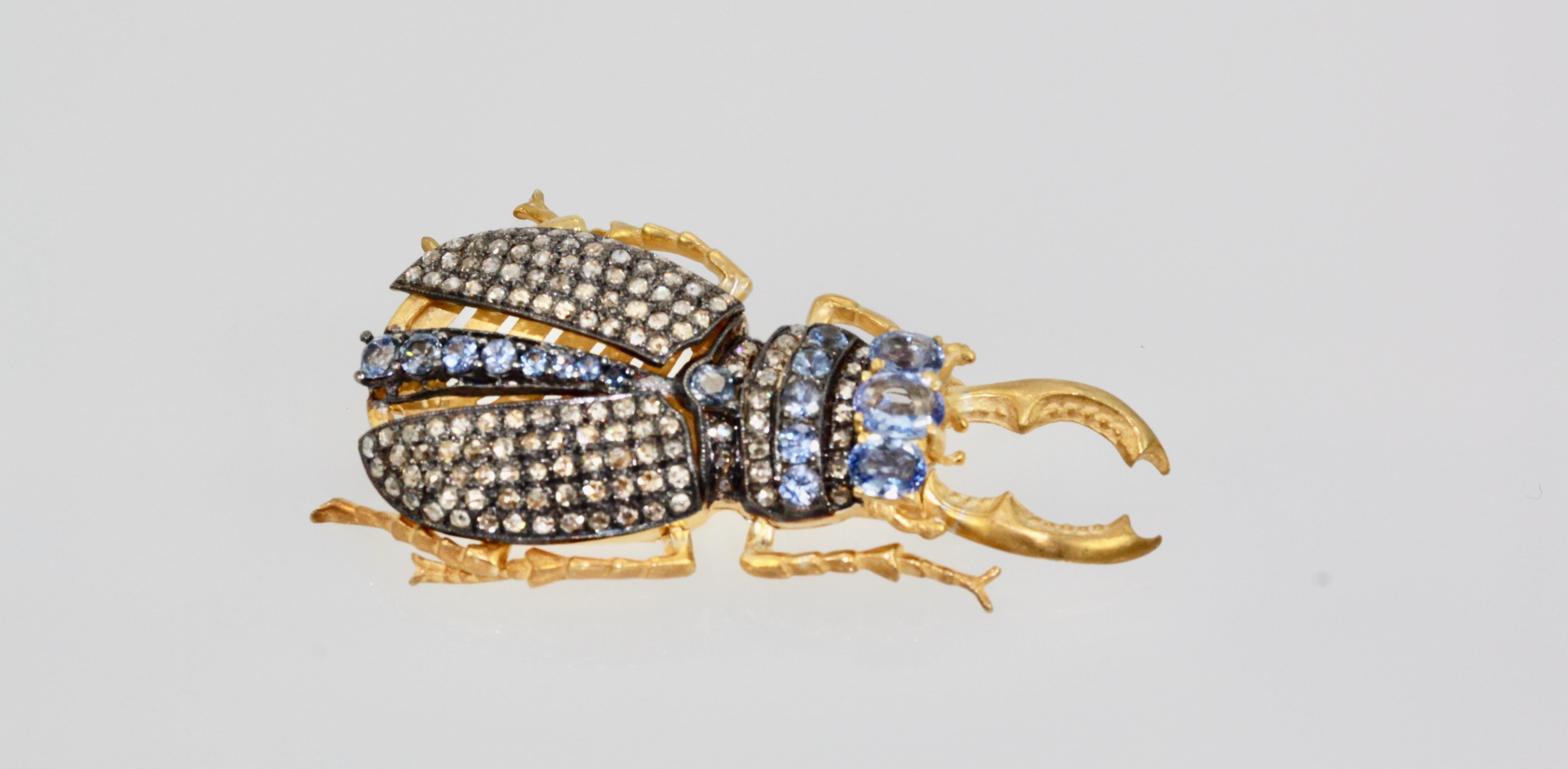 Sapphire Scarab Pendant Brooch 18K In Good Condition In North Hollywood, CA