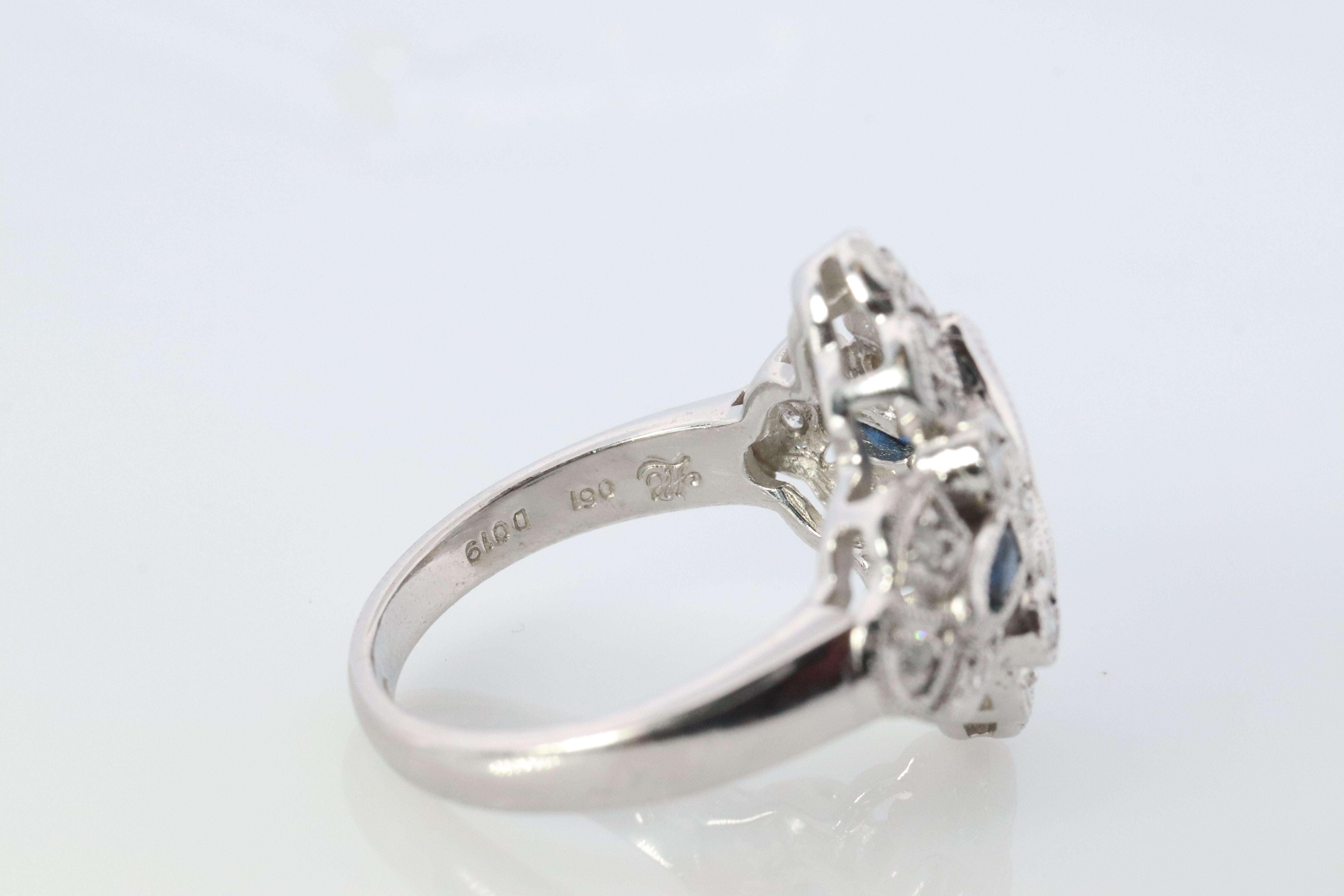 Sapphire shield ring. Platinum Shield Ring. Sapphire and Diamond wide band. For Sale 1