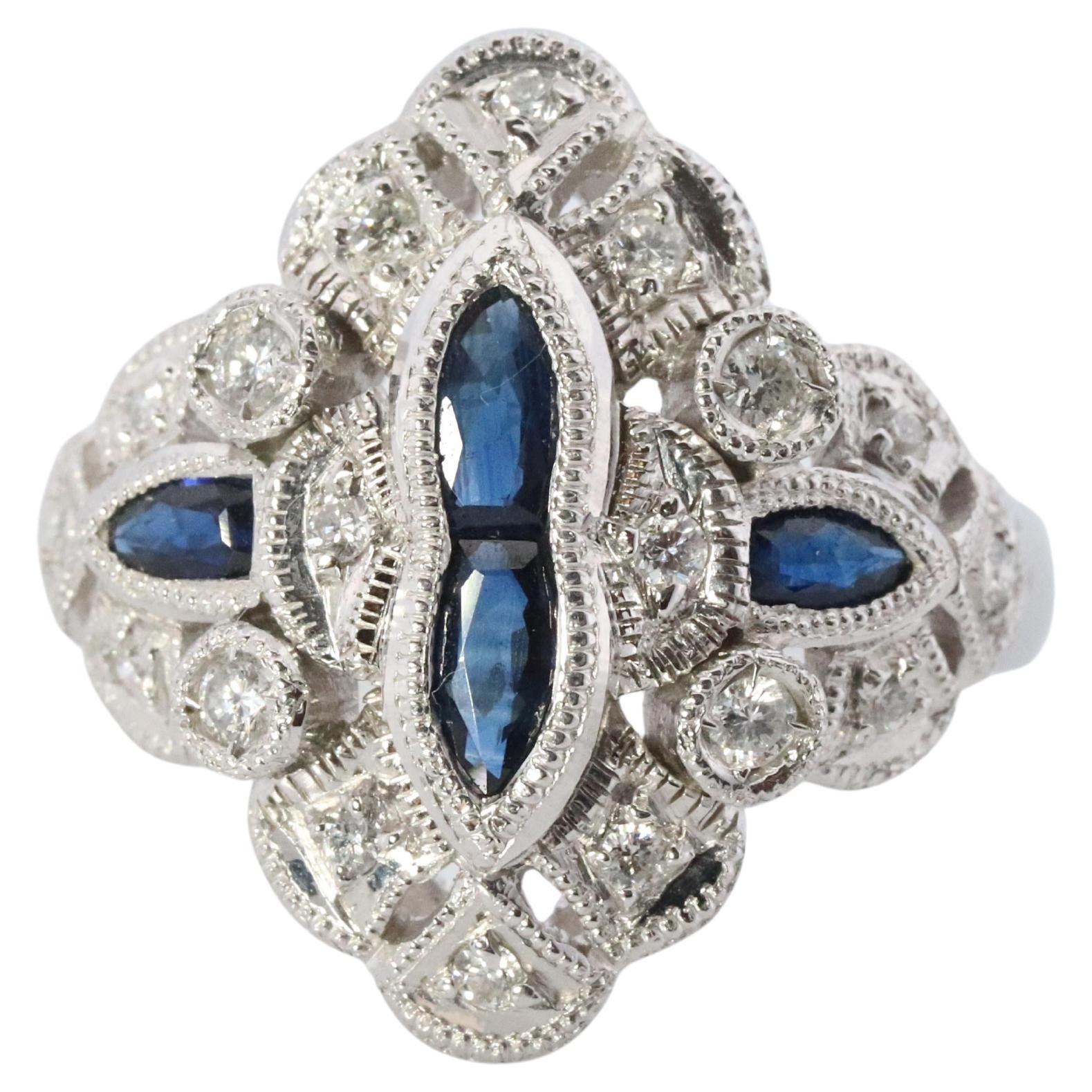 Sapphire shield ring. Platinum Shield Ring. Sapphire and Diamond wide band. For Sale