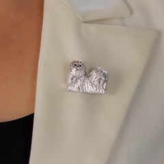 Sapphire Shih Tzu Dog Pin Brooch Set in 18 Karat Yellow and White Gold