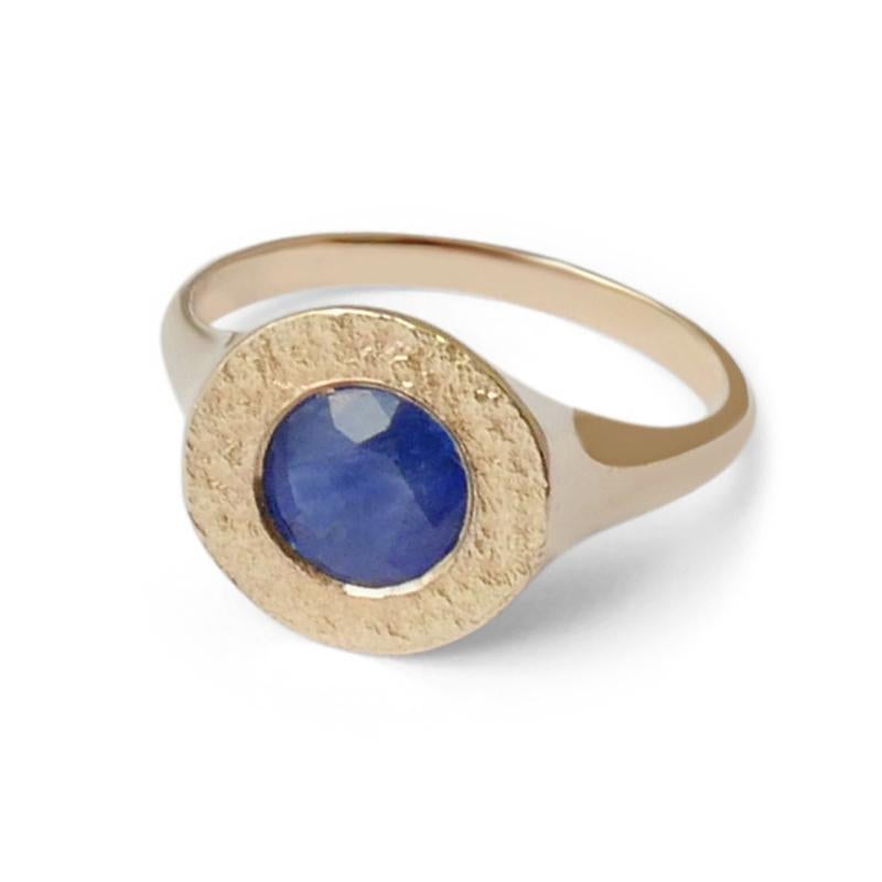 Round Cut Sapphire Signet Ring in 14 Karat Gold by Allison Bryan For Sale