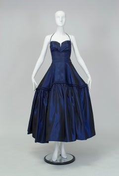 Sapphire Silk Halter Ball Gown w Tabletop Pannier Hoop Skirt - XXS, 1950s