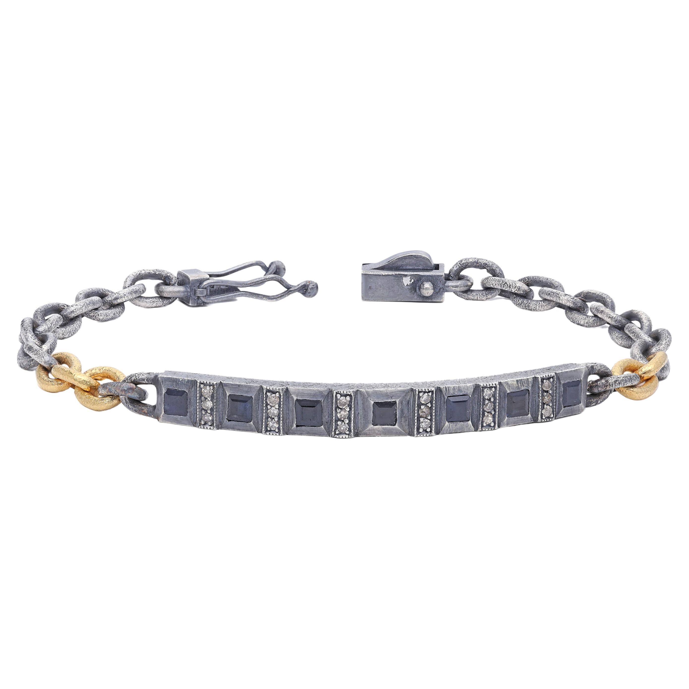 Oxidised Silver and 24k Gold Micron Plated Tag Chain Bracelet with Sapphire For Sale