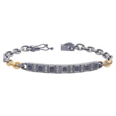 Oxidised Silver and 24k Gold Micron Plated Tag Chain Bracelet with Sapphire