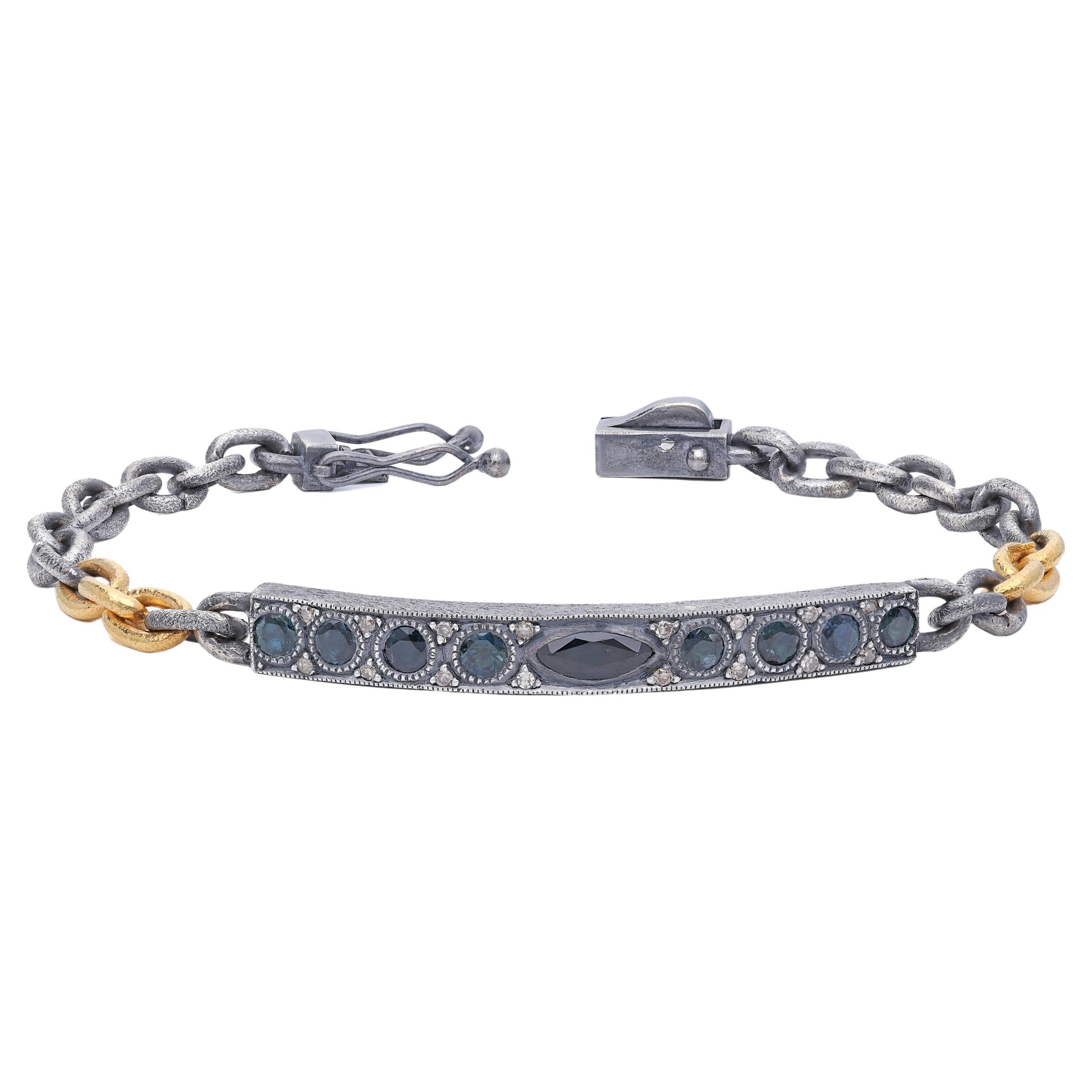  Oxidised Silver and 24k Gold Micron Plated Tag Chain Bracelet with Sapphire For Sale