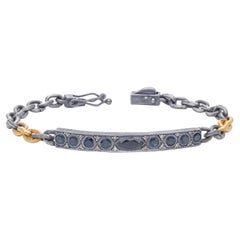  Oxidised Silver and 24k Gold Micron Plated Tag Chain Bracelet with Sapphire