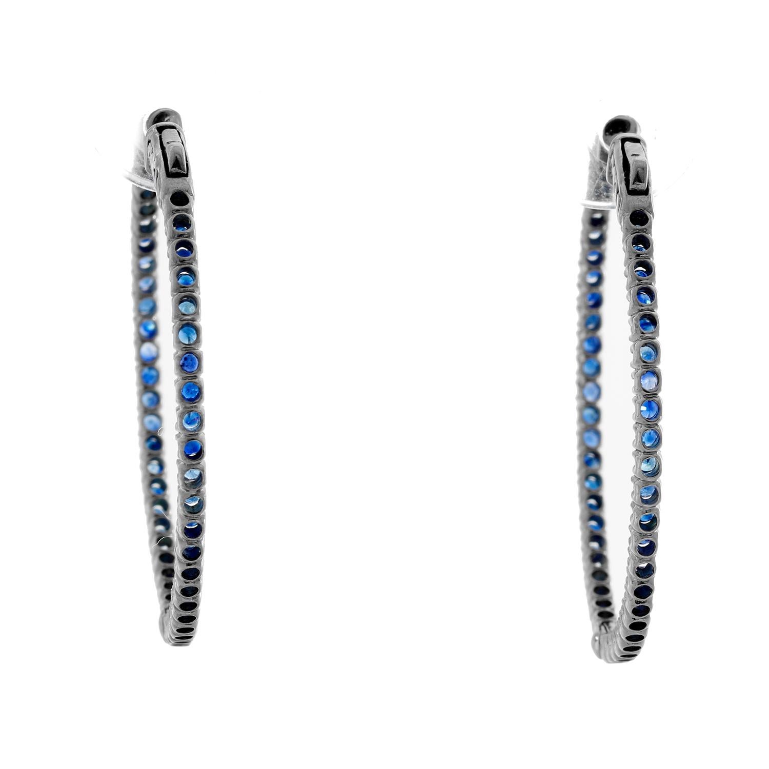 Sapphire Silver Inside Out Hoops  - 3.66 cts of Sapphires set in silver. 1 1/2 inch in diameter. Total weight 7.1 grams. 