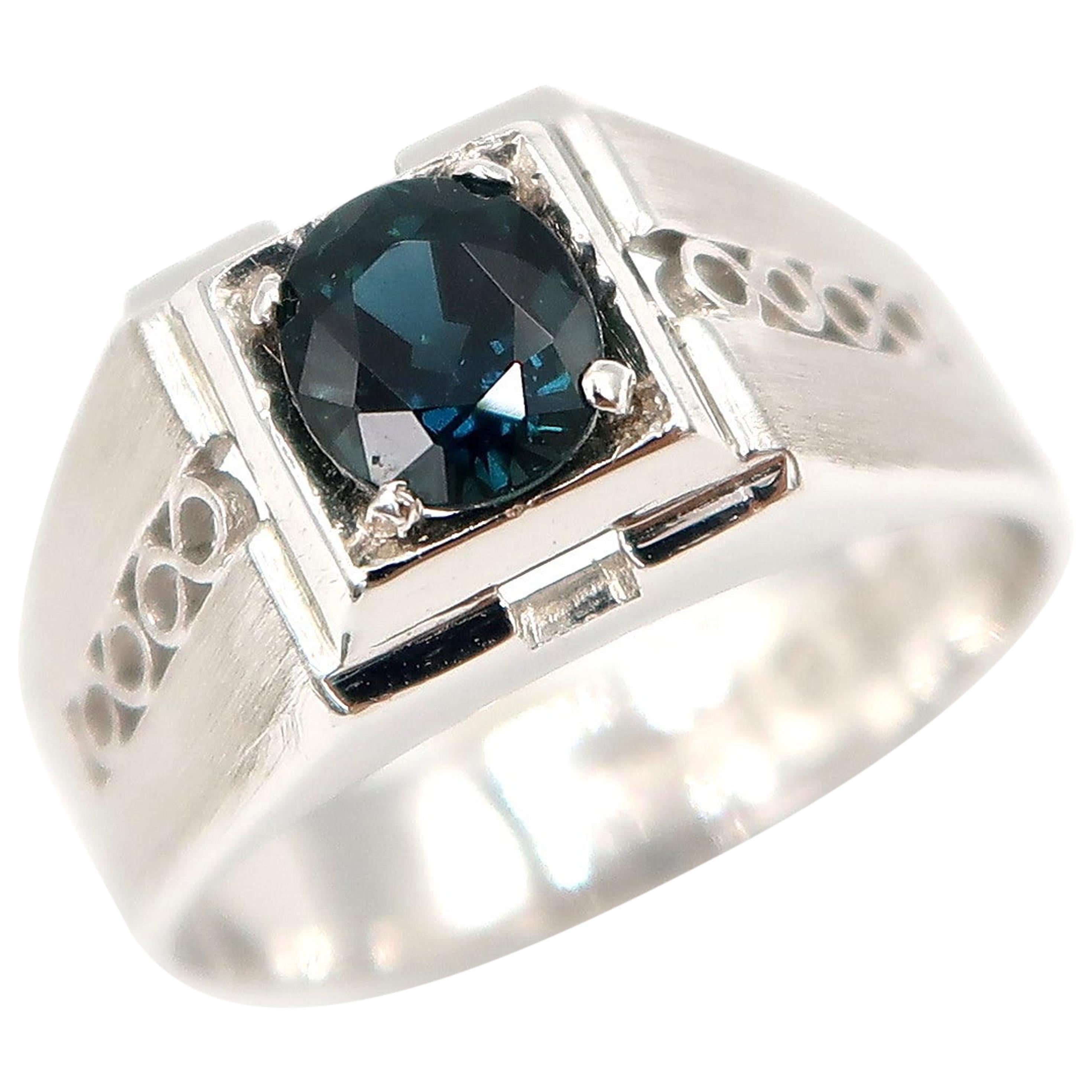 Sapphire Solitaire Brushed Platinum Men's Ring For Sale