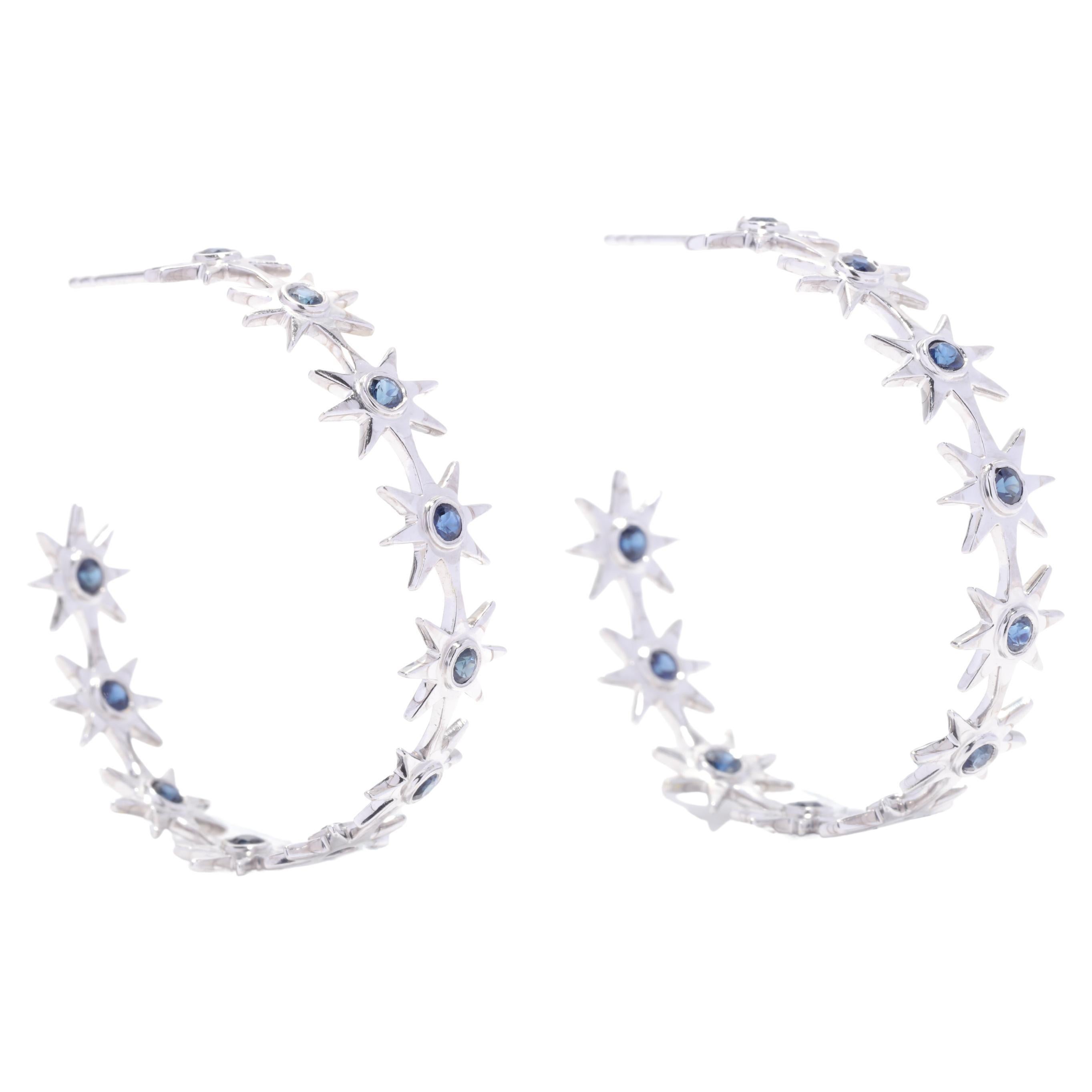 Sapphire Star Hoop Earrings, 18K White Gold, Funky Hoop For Sale