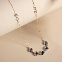 Sapphire Station Necklace 20" in 14K Solid Yellow Gold