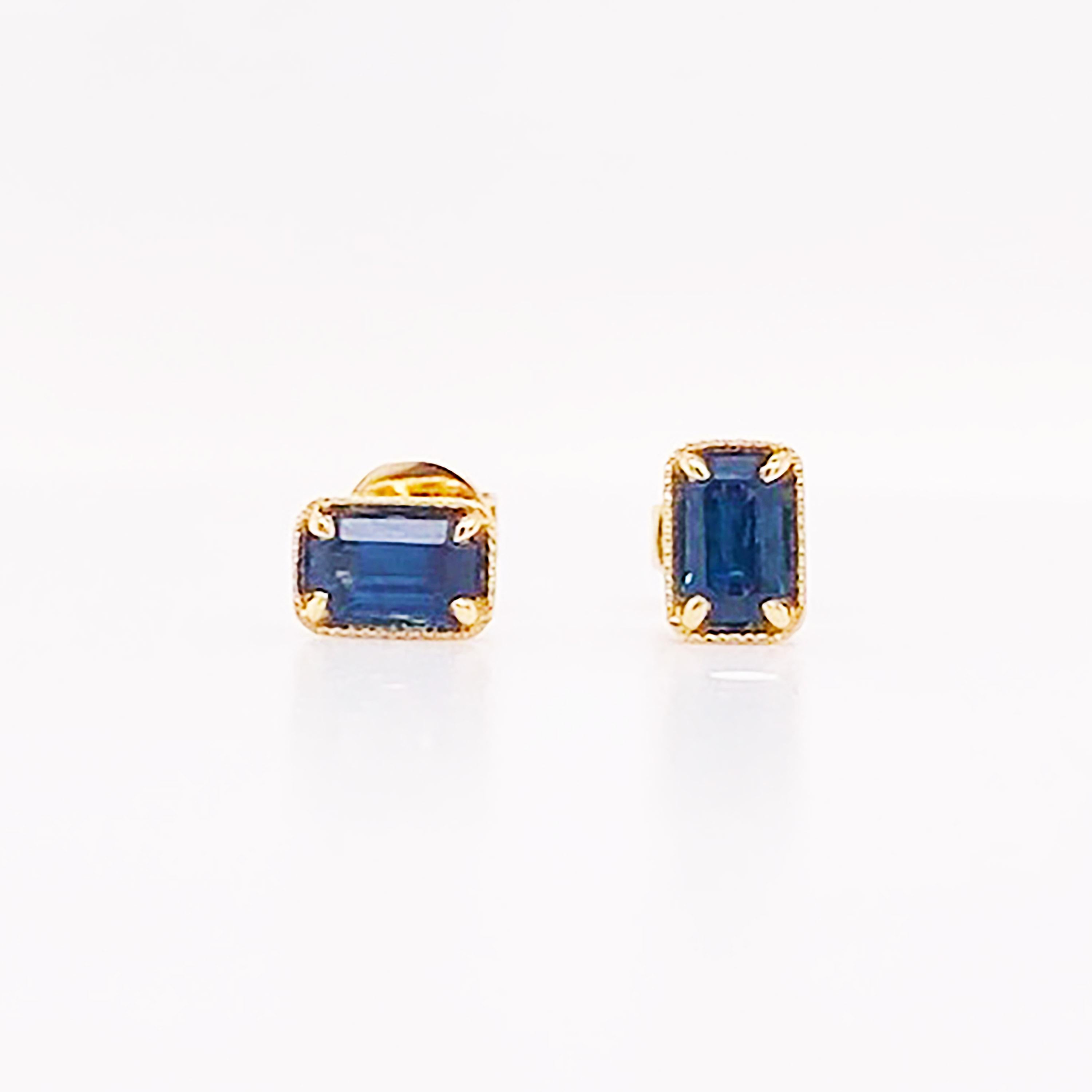 These petite earrings are perfect for a minimalist or a second or third hole earrings. The sapphires are of excellent quality!  The emerald cut shape is very unusual for sapphires! 
Material: 14K gold
Sapphire Weight: .80 carats
Sapphire Shape: