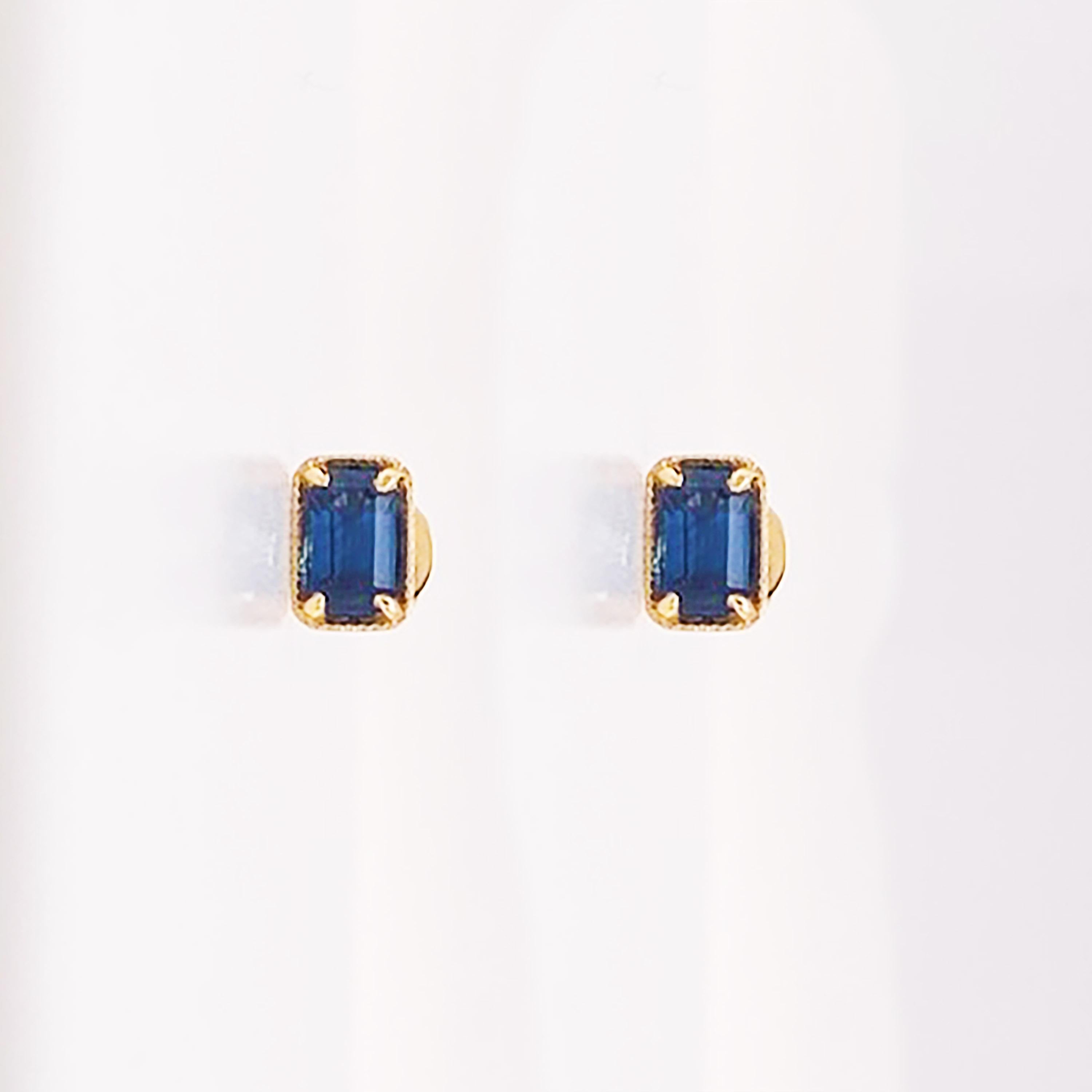 Modern Sapphire Stud Earrings 14K Gold .80 Carat Emerald Cut Sapphire September Earring For Sale