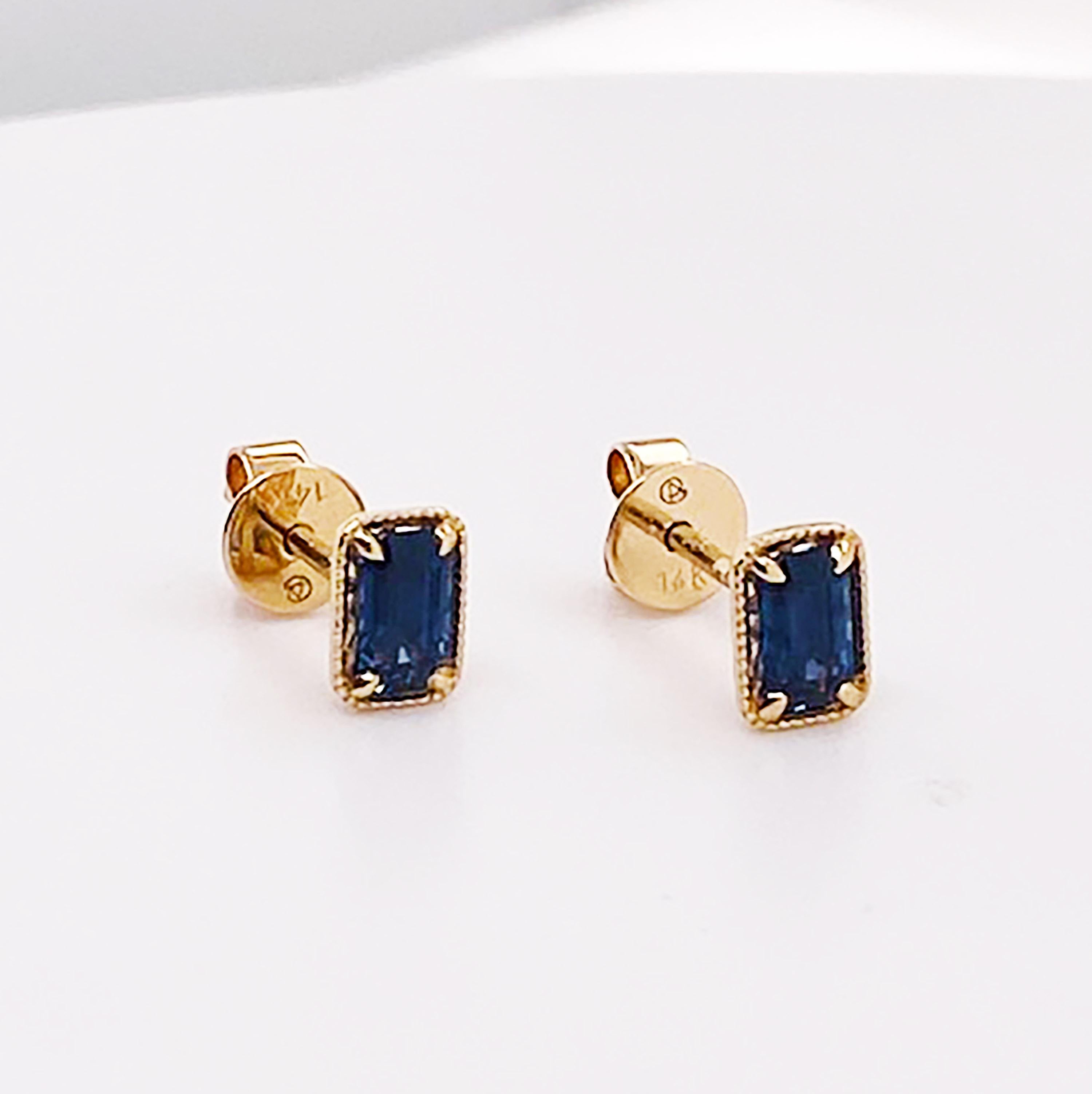 Sapphire Stud Earrings 14K Gold .80 Carat Emerald Cut Sapphire September Earring In New Condition For Sale In Austin, TX