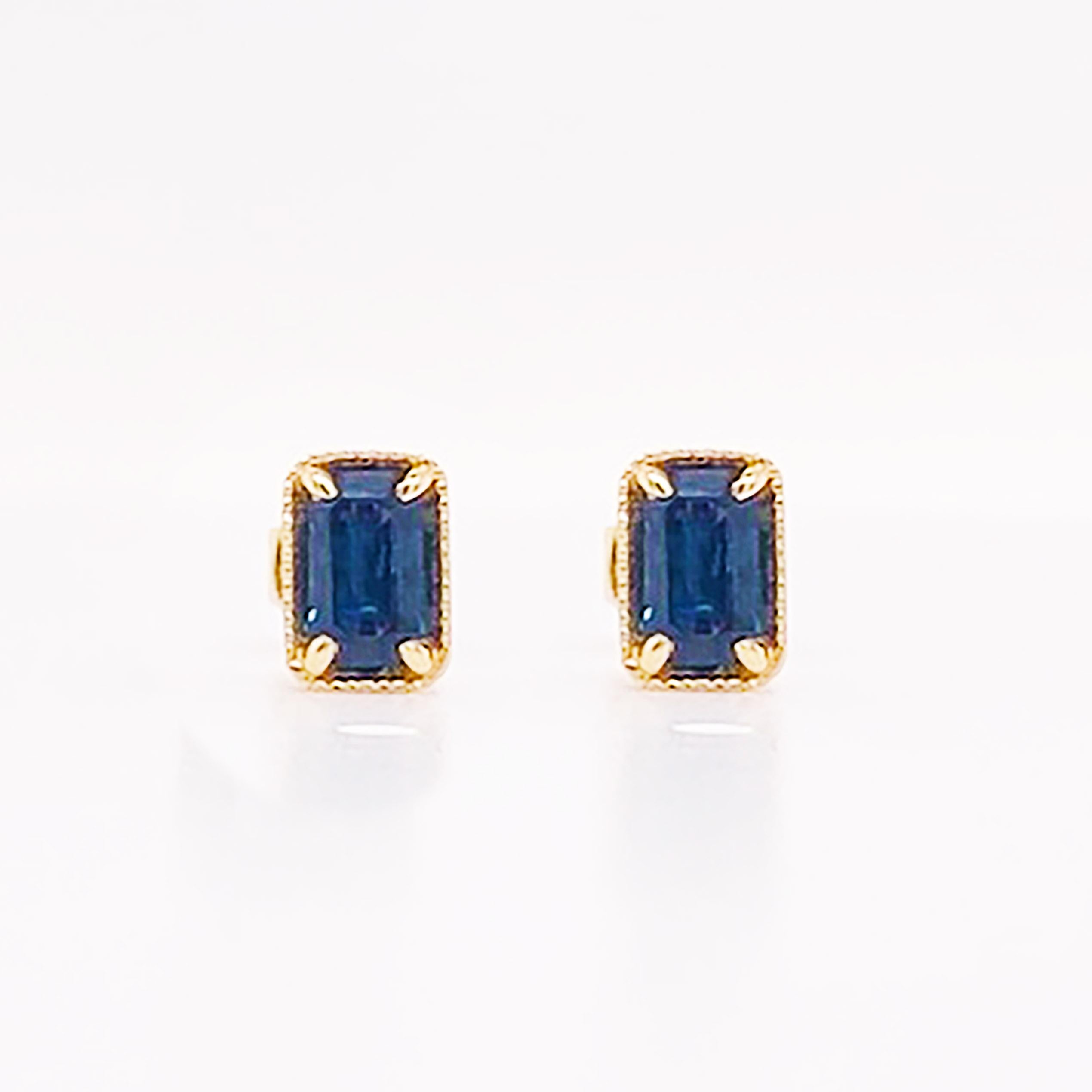 Women's or Men's Sapphire Stud Earrings 14K Gold .80 Carat Emerald Cut Sapphire September Earring For Sale