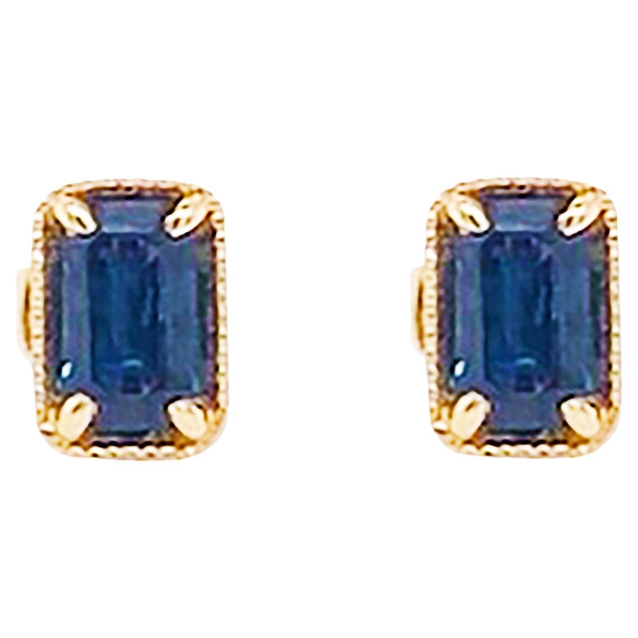 Sapphire Stud Earrings 14K Gold .80 Carat Emerald Cut Sapphire September Earring For Sale