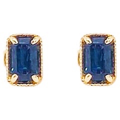 Sapphire Stud Earrings 14K Gold .80 Carat Emerald Cut Sapphire September Earring